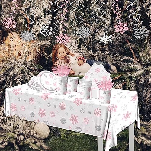 Miniatura 4 de 142 piezas de vajilla de copo de nieve de invierno, decoración de fiesta de copo de nieve de invierno, diseño de copo de nieve rosa y blanco con