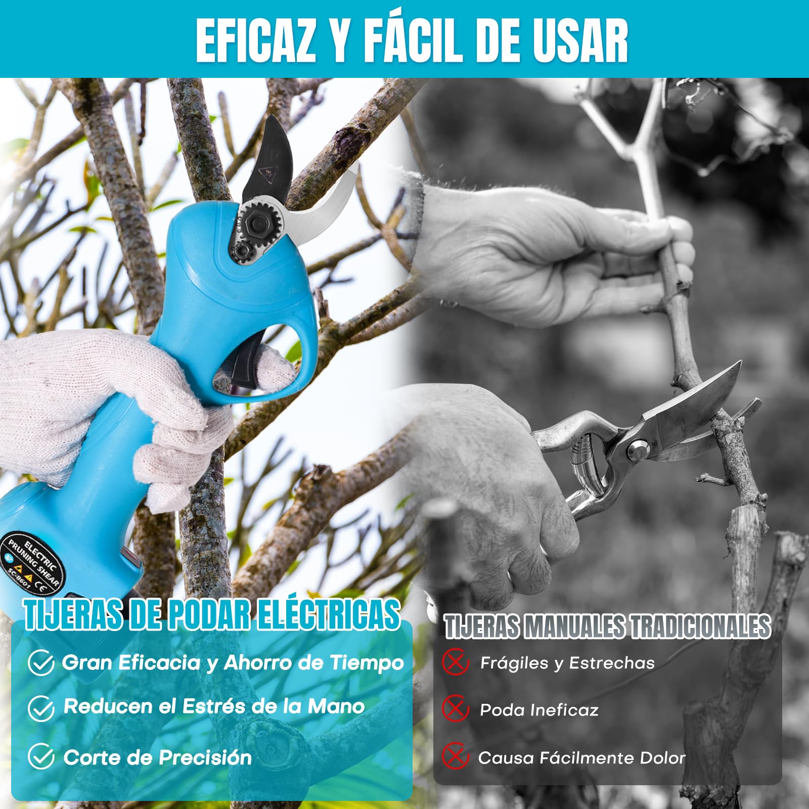 Bostar Tijera de Podar Electricas Cortador Eléctrico de Ramas Inalámbrica Profesional 16.8V Fuerte Hoja de Acero Dentro de 25MM para árboles Jardín (Azul)