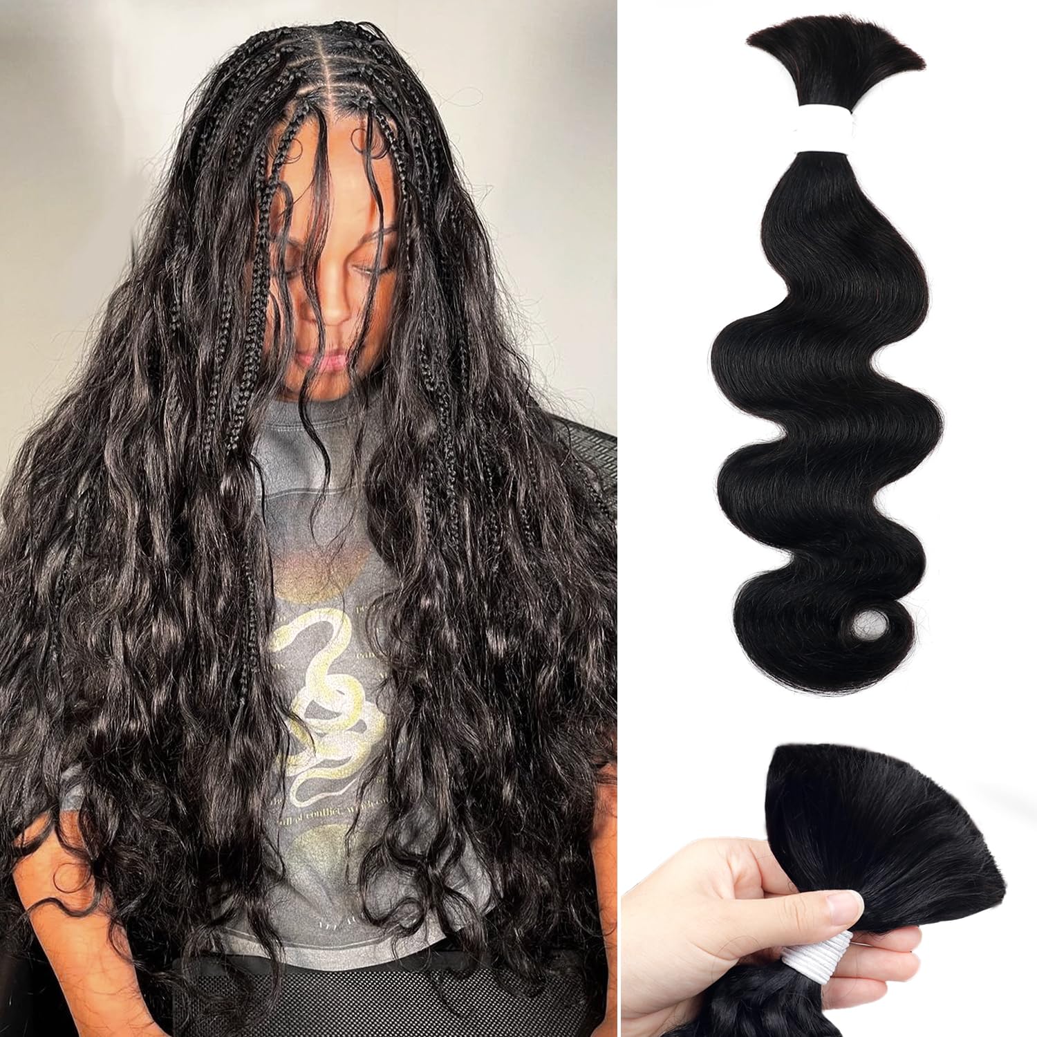 Human Braiding Hair 100g One Bundle/Pack 24 Inch Natural Black Body Wave Curly Bulk Human Hair for Braiding No Weft 100% Unprocessed Brazilian Human Hair Braiding Hair for Boho Braids