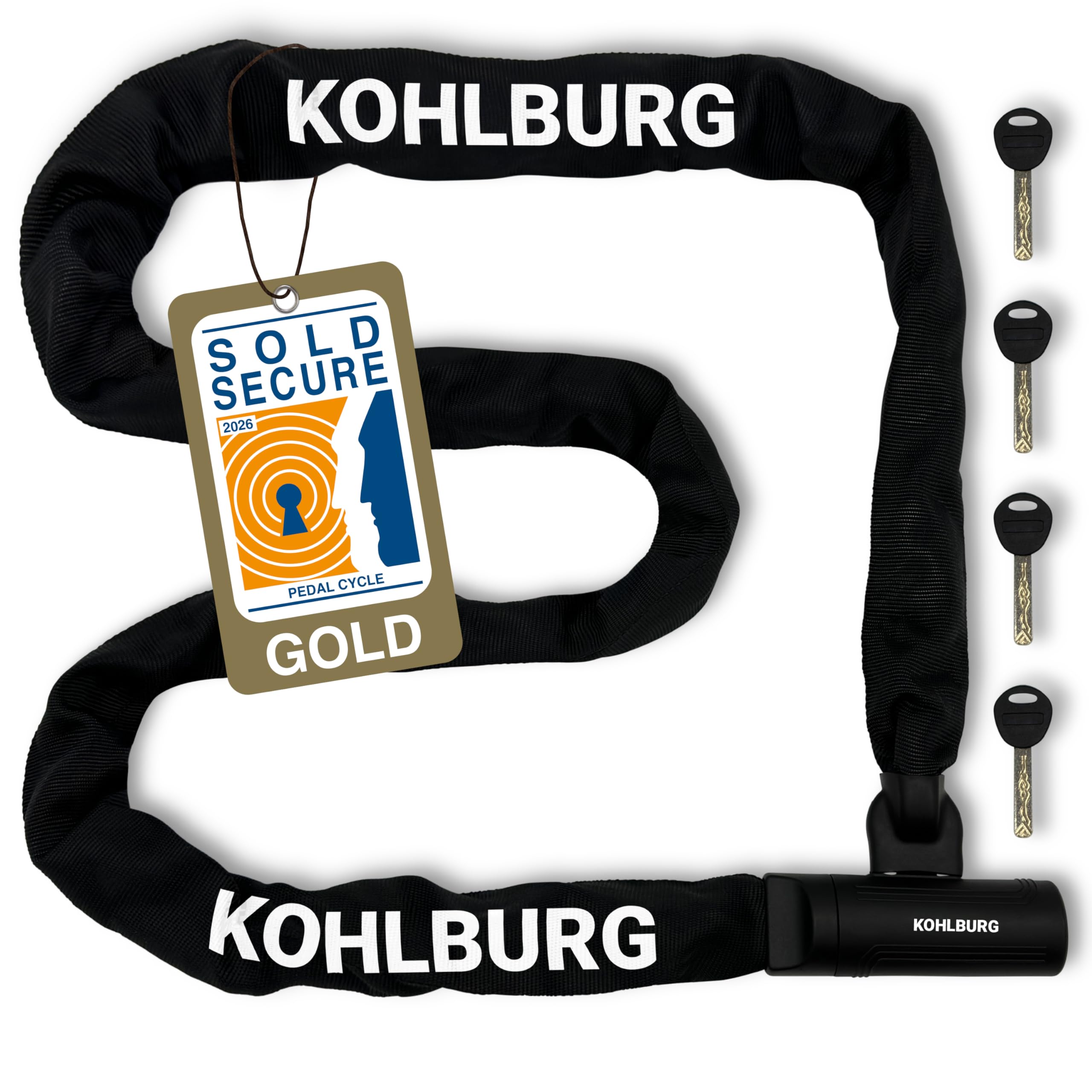 KOHLBURG 200cm Sicherheits- Kettenschloss - Schloss mit 8,3mm starker 4-Kantkette aus Spezialstahl- 2 Meter extra lang - sicheres Fahrradschloss 2m Länge - 4 Schlüssel für E-Bike Fahrrad & Motorrad