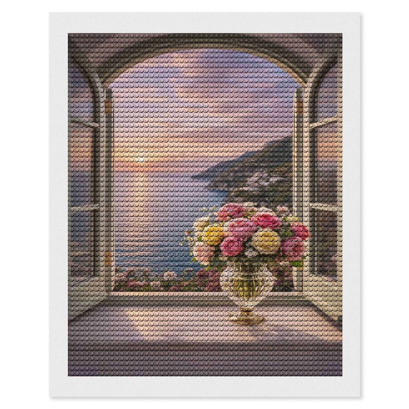 Junmoney Window View of Positano at Sunset with Roses Diamond Painting Canvas Set 16"x20", for Craft Lovers, Decorate Your Room, Festive Craft Gift, Vintage Style Decor