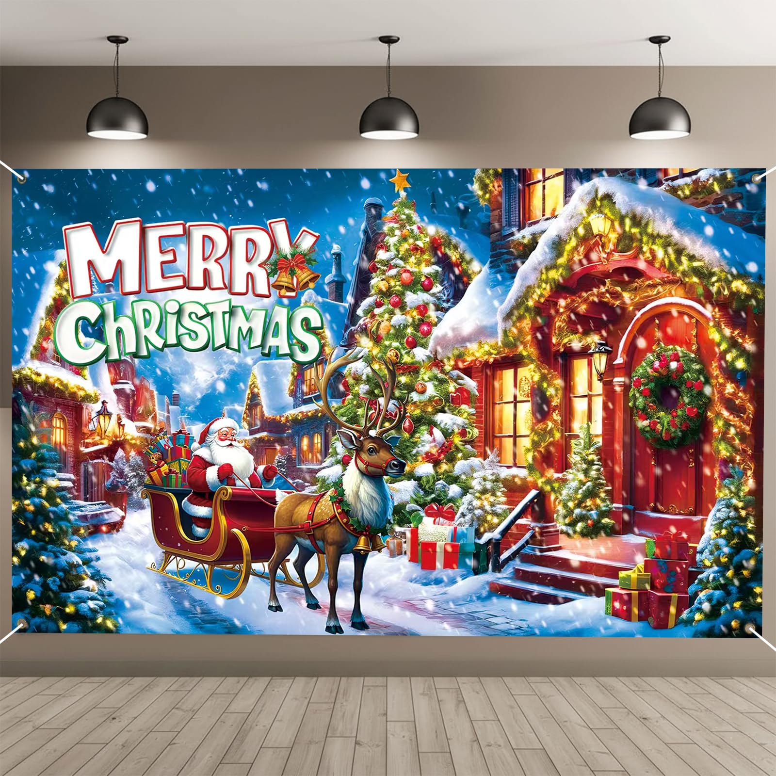 Christmas Banners Indoor Outdoor Decoration Red Merry Christmas Banner Christma Party Decorations Reindeer And Xmas Tree Scene For Winter Party, Home, Office, Photo Booth 180x110 Cm