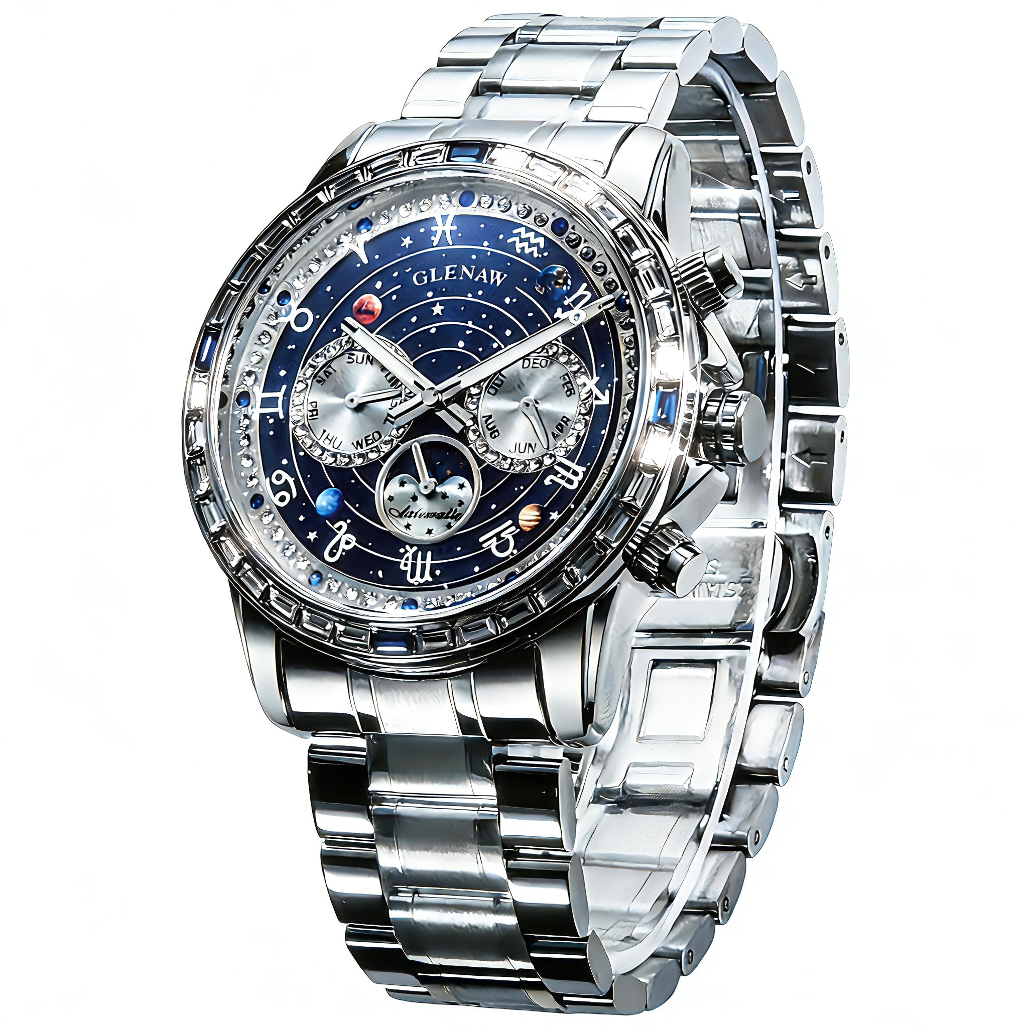 Glenaw Automatische Uhren für Herren und Herren, mechanische Uhr, drehbares Zifferblatt mit himmlischem Stern, Tag, Datum, Monat, Mondphasenanzeige, selbstaufziehende Uhr, Leuchtzeiger