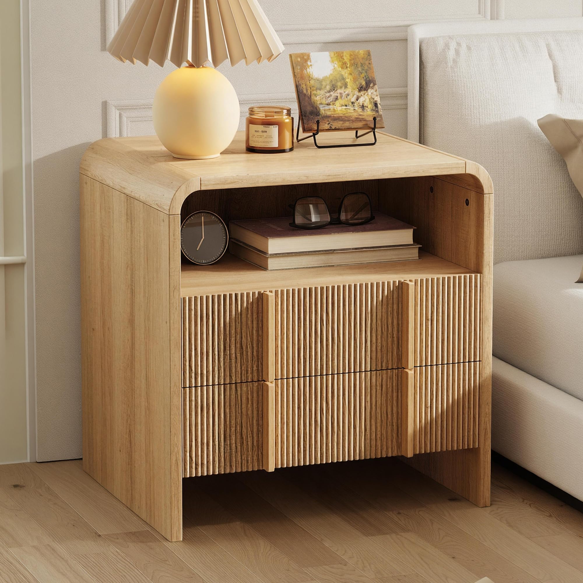 LUXOAK Fluted Bedside Table with 2 Drawers and Open Shelf, Curved Oak Effect Bedside Cabinet, Modern Scandinavian Style Nightstand with Ample Storage, Natural Wood Bedside Unit for Bedroom Living Room