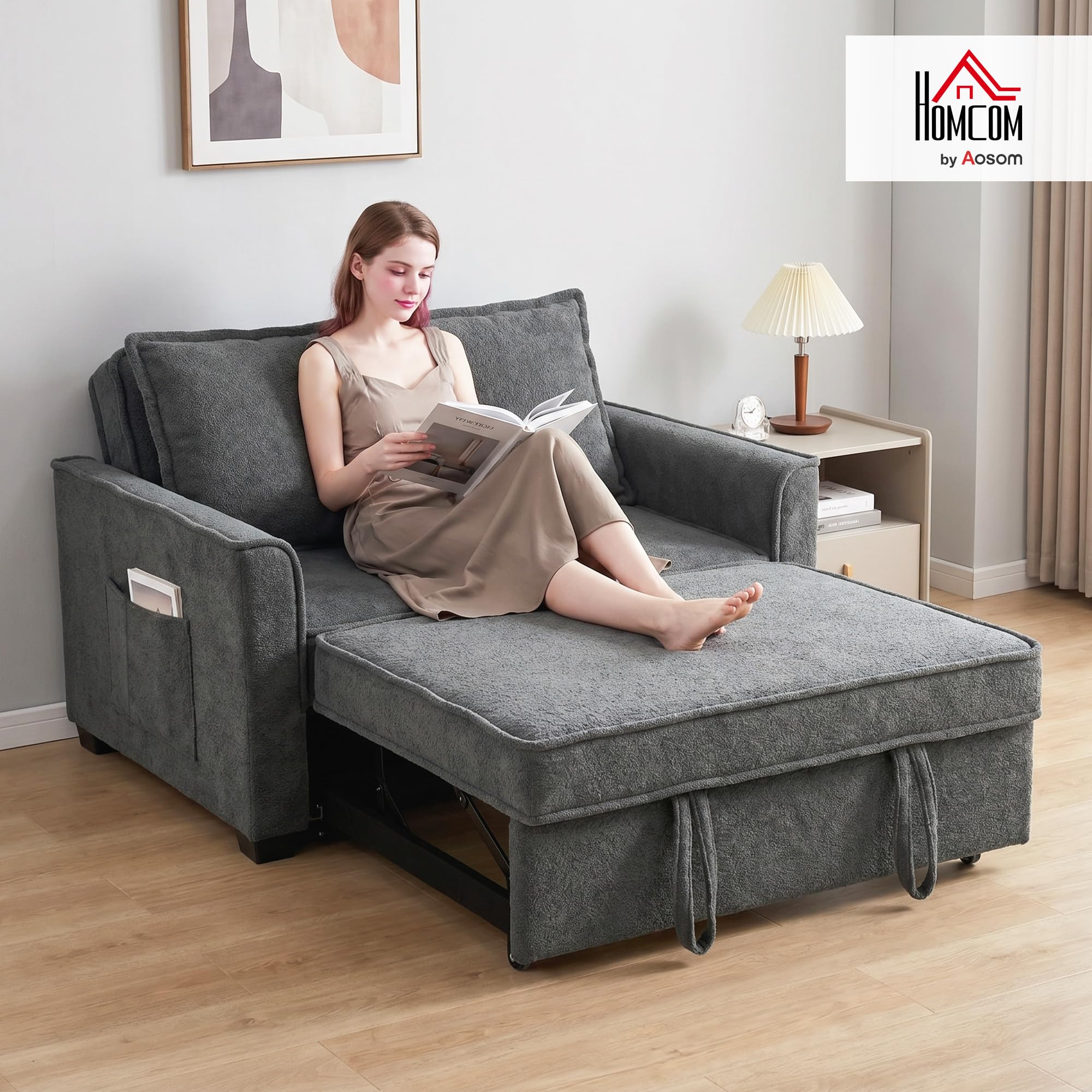 HOMCOM Sofá Cama 2 Plazas 3 en 1 Respaldo Ajustable Gris Oscuro | Sofá Cama Tejido Rizo, 3 Niveles, Bolsillos Laterales, 2 Almohadas con Fundas Extraíbles, Sala de Estar, Espacios Pequeños