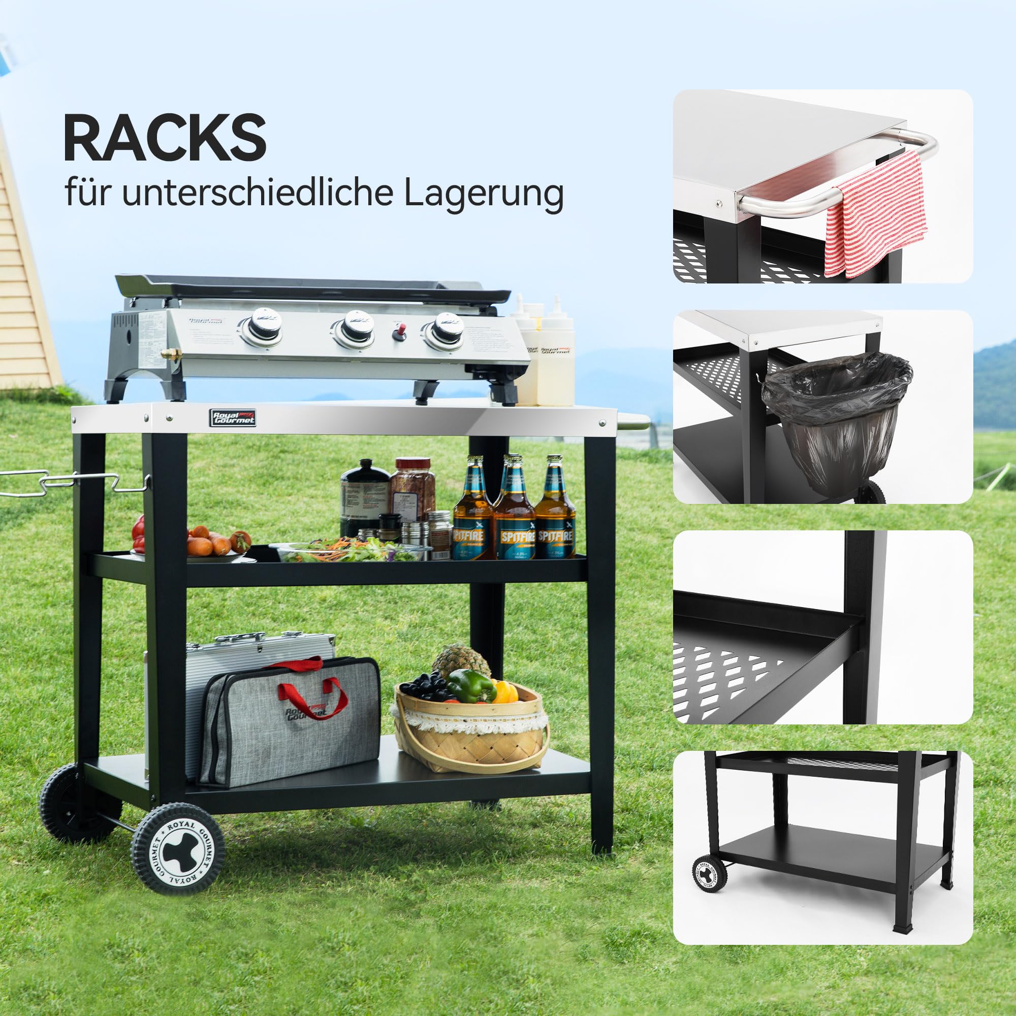 Royal Gourmet Servierwagen 3-Etagen Edelstahl Küchenwagen Rollwagen 85x50cm