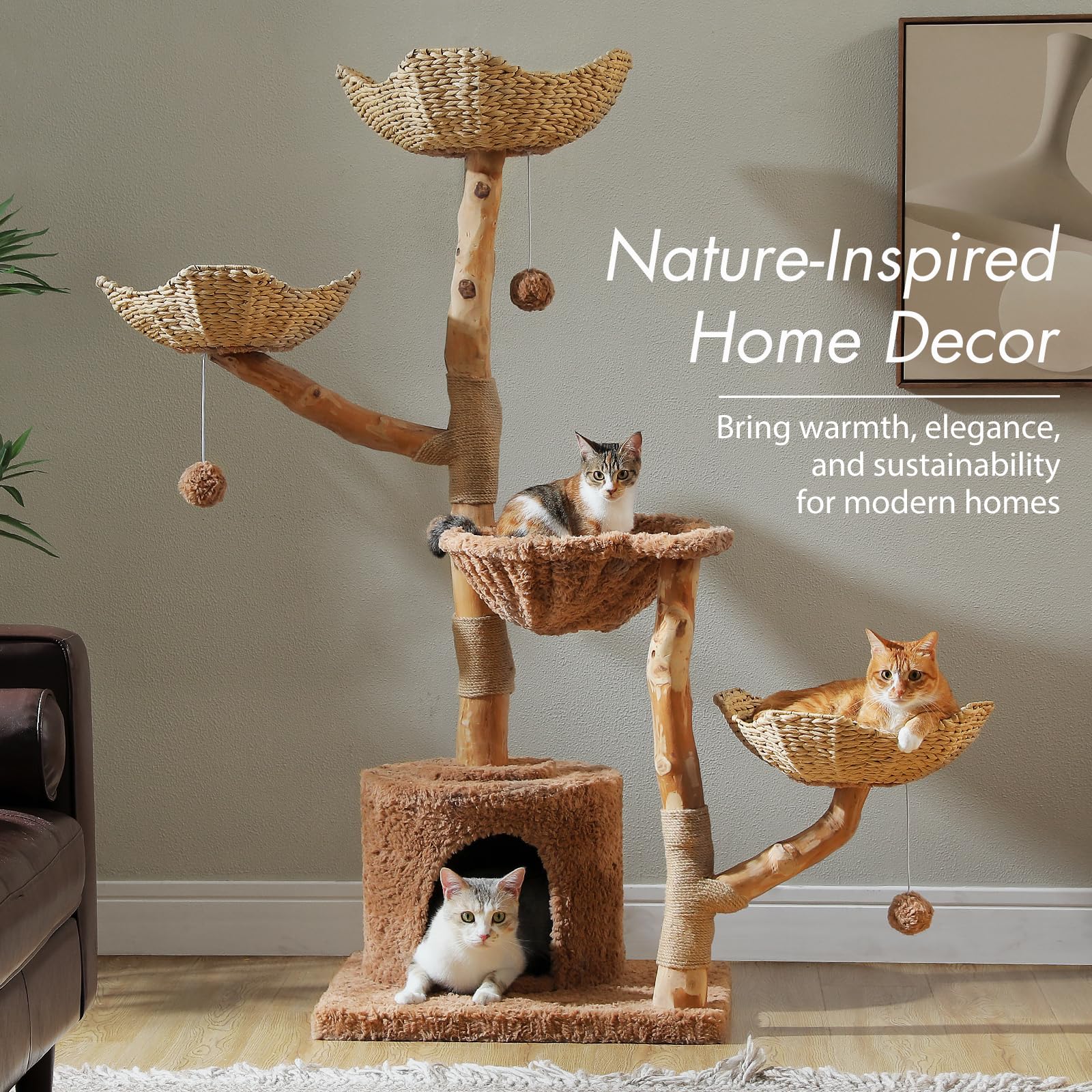 PAWZ Road Cat Tree for Indoor Cats Large Adults, 59 Inches Modern Cat Tower with 3 Large Baskets, Natural Solid Wood, Luxury Condo and Hammock, Modern Furniture for Big Cats, Brown - image 6