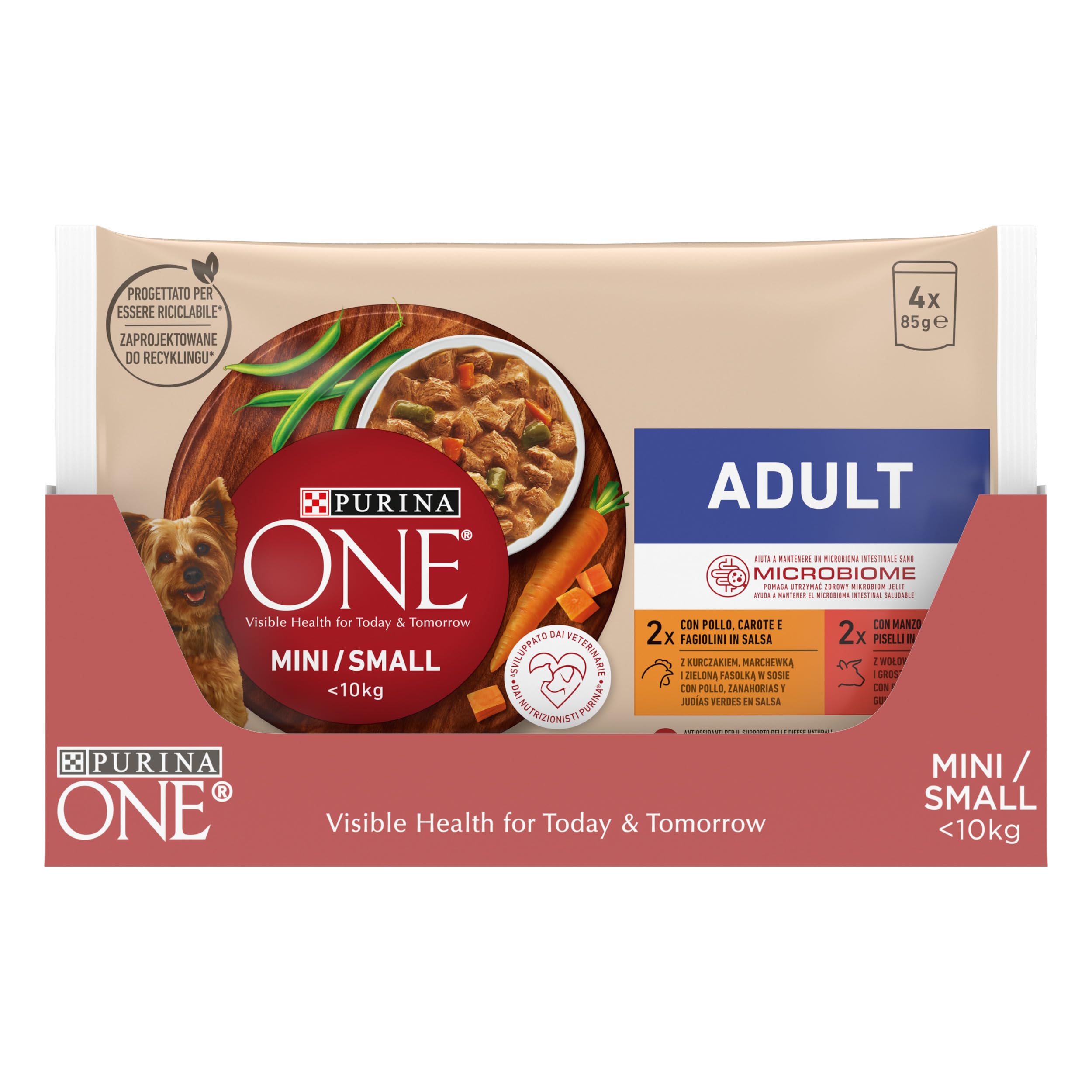Purina ONE Mini <10kg Comida húmeda para Perro pequeño Adulto con Pollo y Buey, 12 packs de 4 sobres de 85g - 48 sobres