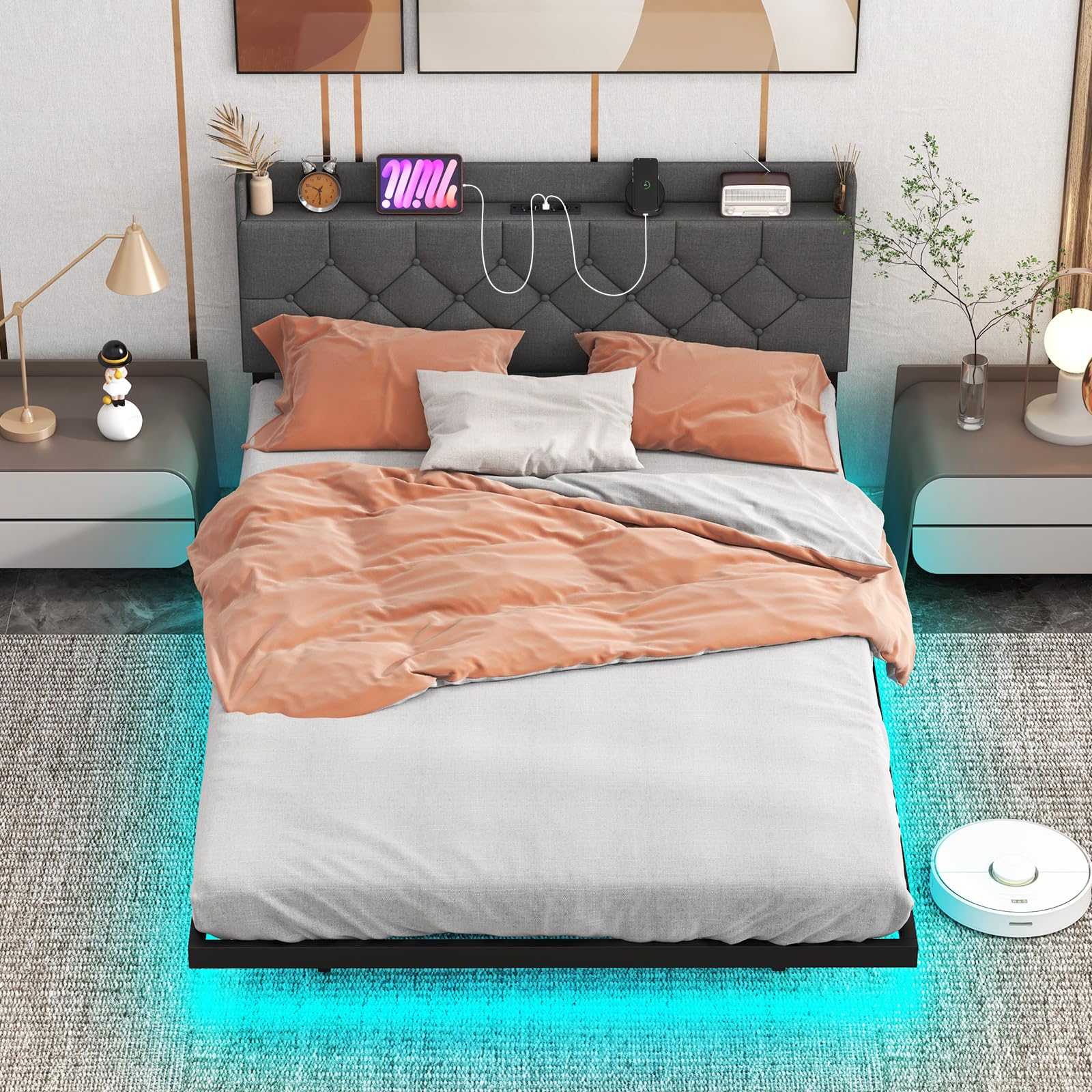 COSTWAY Łóżko tapicerowane z oświetleniem LED i stacją ładującą, 140 x 200 cm, łóżko z regulowanym, wyściełanym zagłówkiem i stelażem, łóżko podwójne, rama łóżka