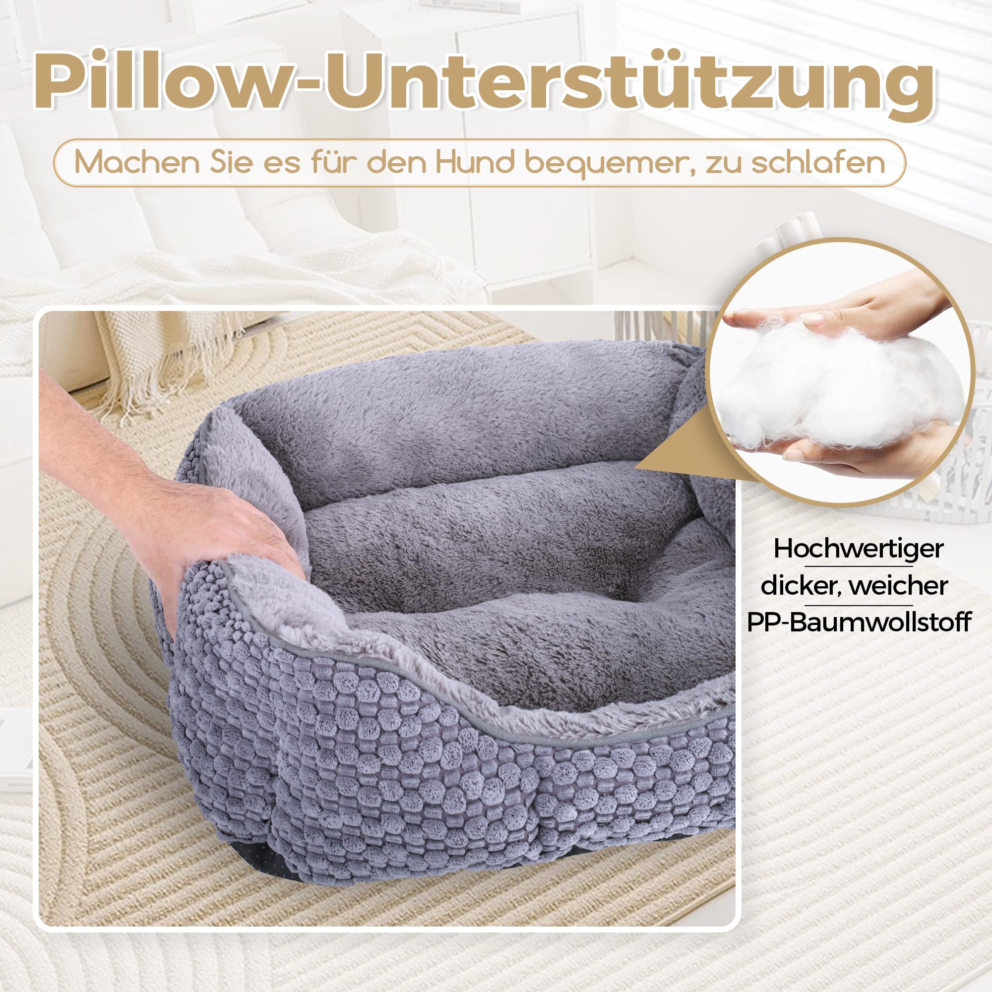 Plüsch-Hundebett, klein, dunkelgrau, maschinenwaschbar, Hundesofa mit Kissen, 51 x 48 x 15 cm, Maiskorn-Design, rutschfeste Unterseite, Dicke PP-Baumwollpolsterung