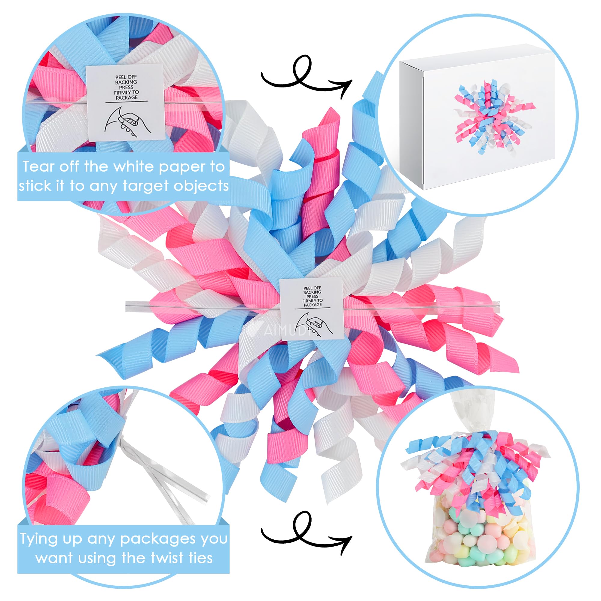 AIMUDI Różowe i niebieskie kręcone kokardki, 10 cm, ujawnienie płci, kokardki prezentowe, samoprzylepne, kokardki na baby shower, do pakowania prezentów, wstążka rypsowa, kokardki do torebek na