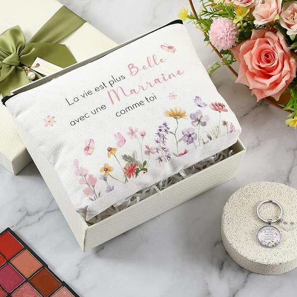 Hestya Coffret Cadeau Marraine avec Trousse de Maquillage et Porte-Clés | Sac Cosmétique en Toile et Porte-Clés en Alliage de Zinc et Verre, Idée Cadeau pour Noël, Anniversaire, Baptême, Remerciement - 2