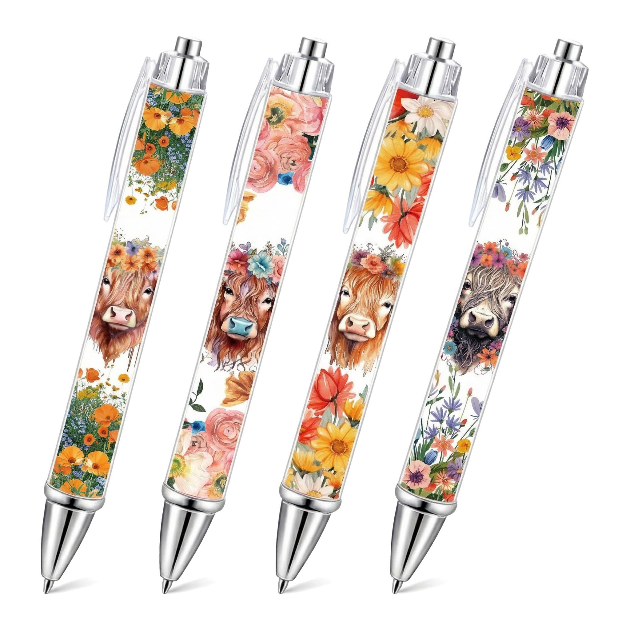 Highland Cow Pens Set of 4 – Cute Highland Cow Gifts for Women, Ballpoint Pens with Different Cow Designs, Fun Stationery for School Office Desk, Highland Cow Gift Idea for Cow Lovers (Highland Cow)