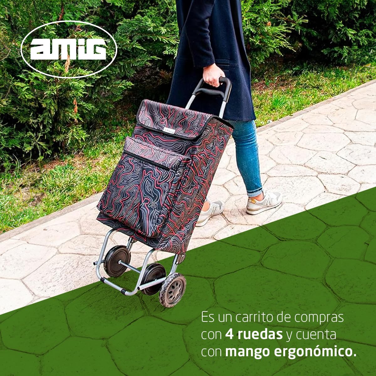 Amig - Carro de la Compra de 4 Ruedas - Bolsillo Exterior para Congelados - Carga Máxima 15kg - Capacidad de 48 litros - 22x40x106 cm - Negro