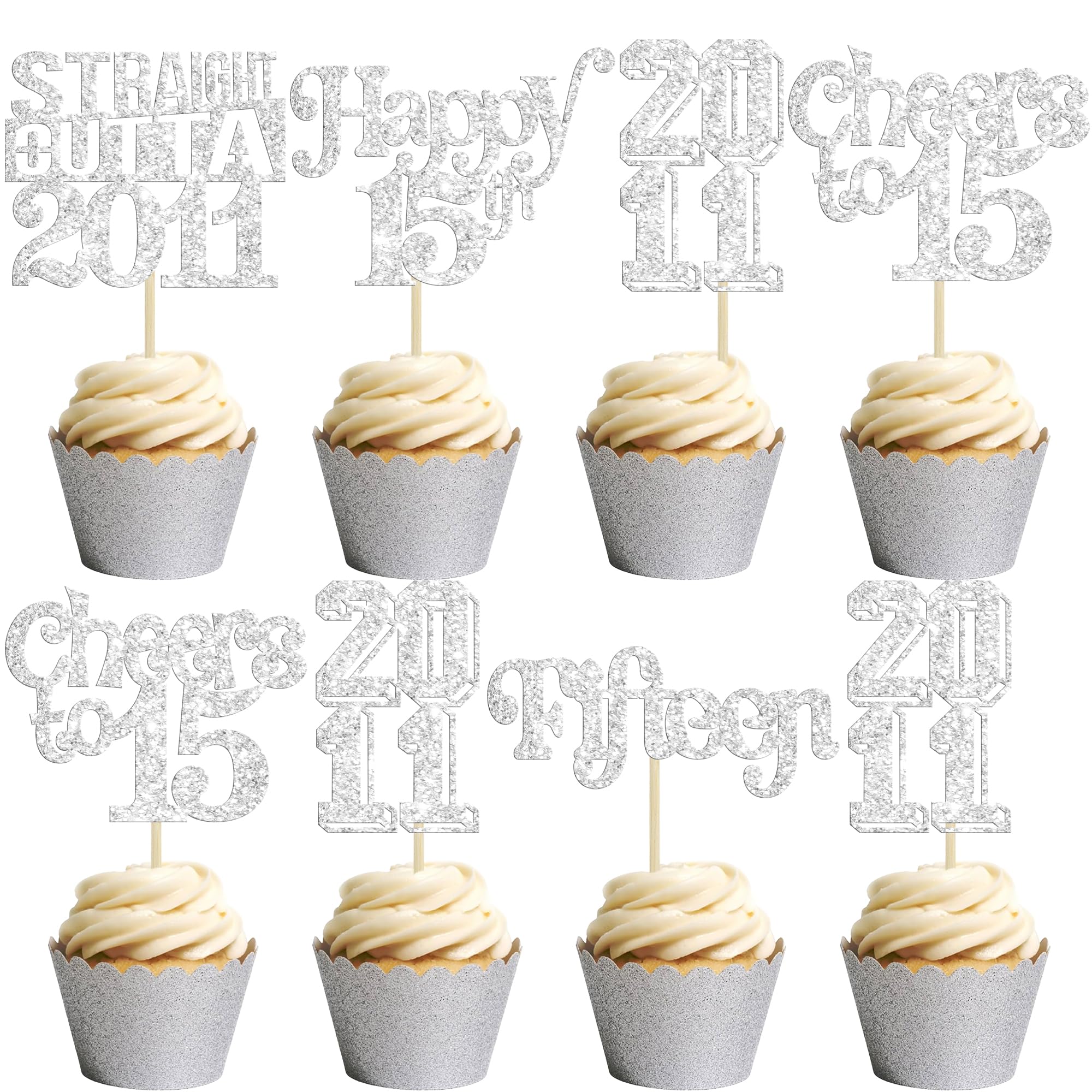 Gyufise 30Pcs Straight Outta 2011 Cupcake Toppers Glitter Fifteen 15 Fabulous Happy 15th Birthday Cupcake Picks Cheers to 15 Years for 15th Birthday Anniversary Party Cake Decorations Supplies Silver โ image 1
