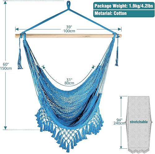 Miniatura 26 de Chihee Silla de hamaca súper grande, sillas colgantes de cuerda de algodón hilado suave, plegable y resistente, barra separadora de metal, asiento