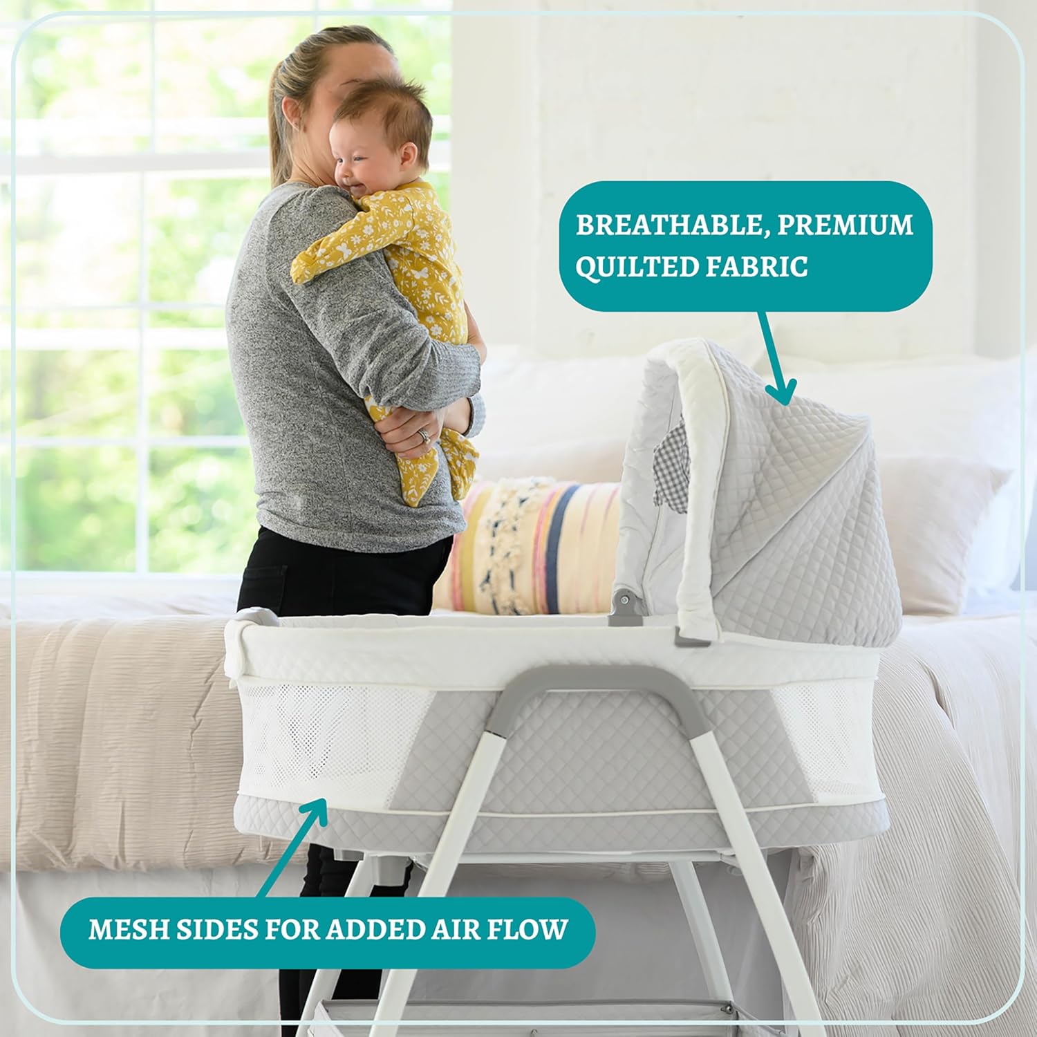 Journey 2-in-1 Convertible Infant Bassinet, Classic Design Baby Crib Sleeper with Storage, Comforting Vibrations, Soothing Lullabies, and Nature Noises (Soft Grey)