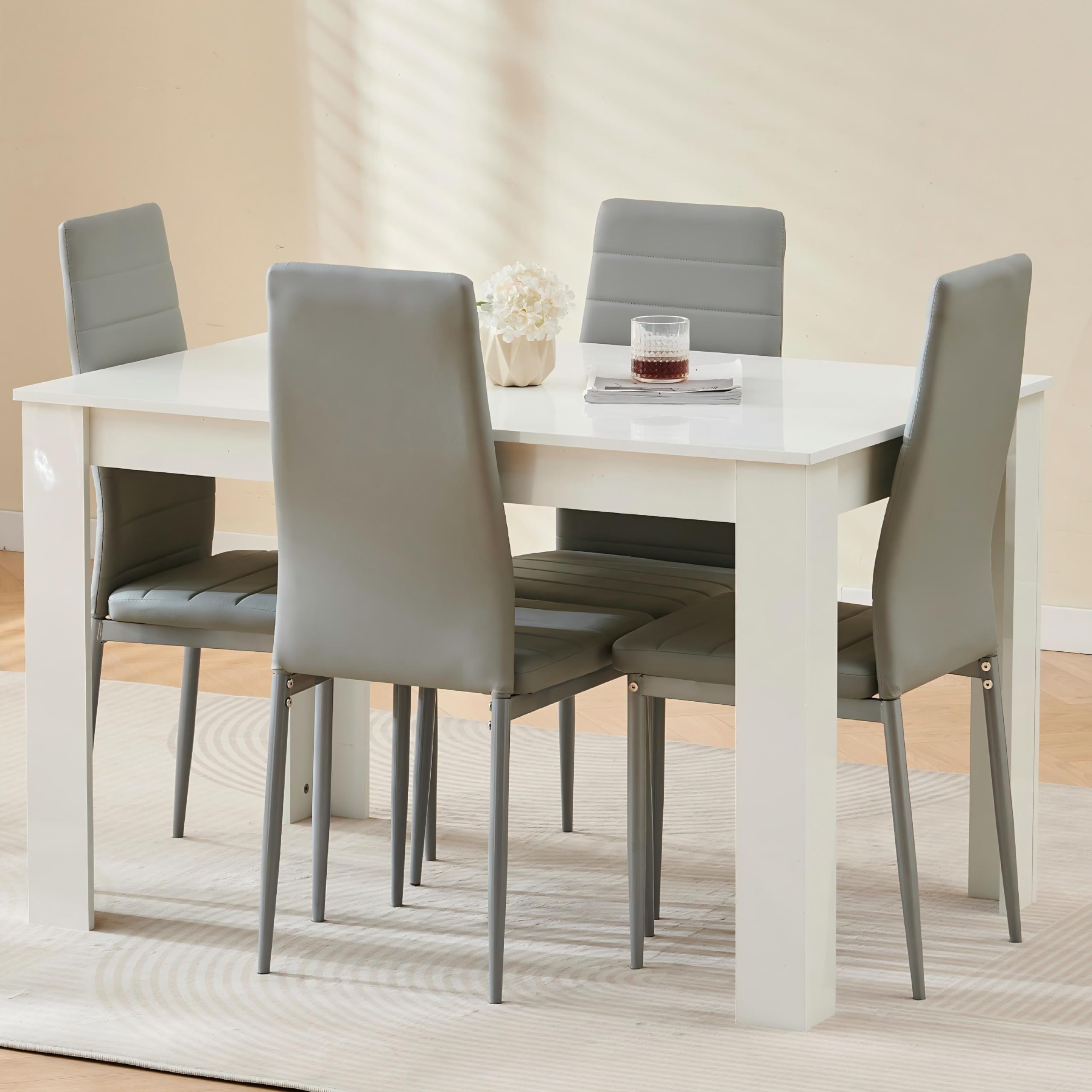 Homullel 120cm Glossing Dining Table and 4 Chairs, 4 Seater Kitchen Table and Chairs Set for Space Saving, Compact Dining Room Set for 4, 120x80 cm, Wooden, White (4 Seaters, Faux Leather Grey) โ image 1