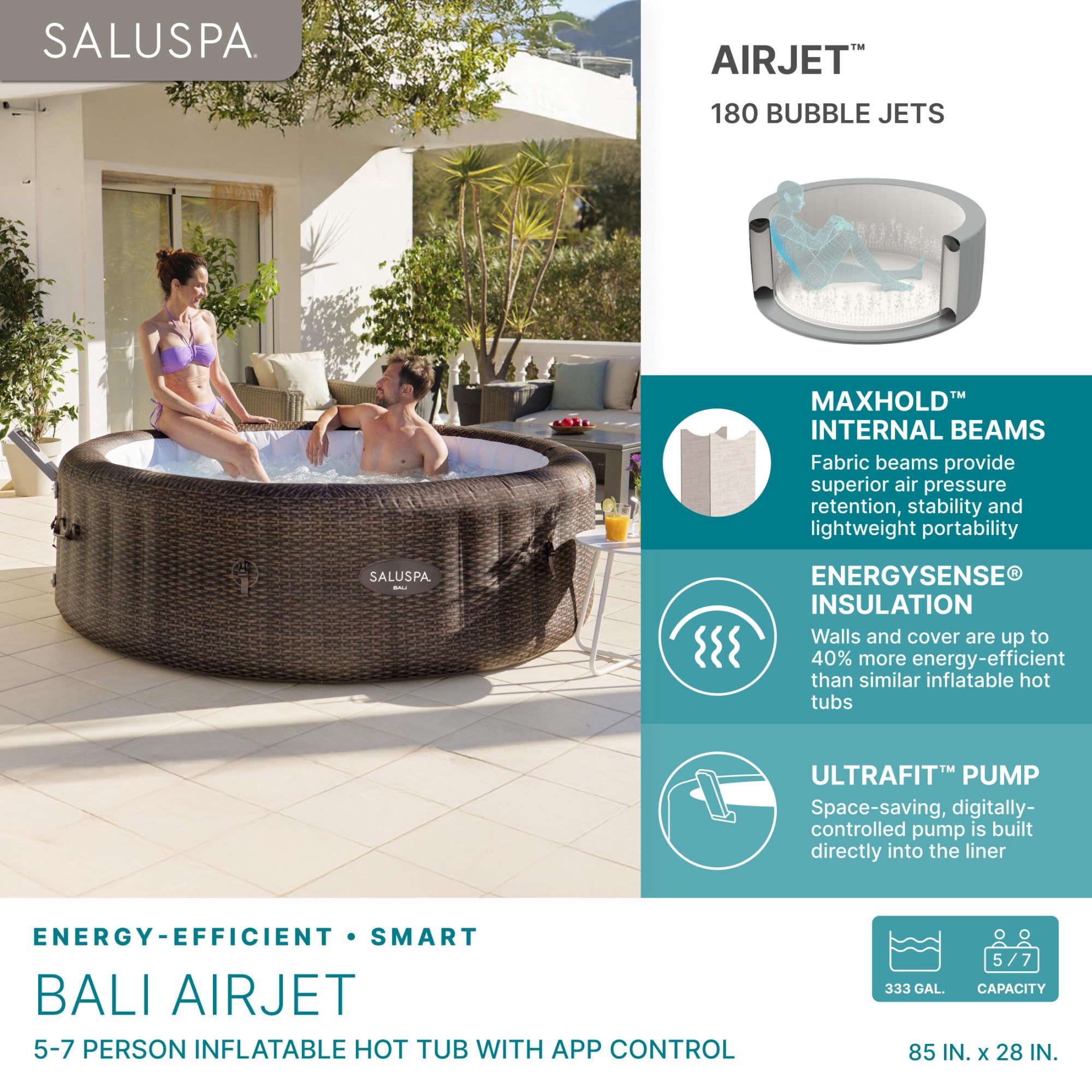 Bestway SaluSpa Bali Smart AirJet Inflatable Hot Tub Round Portable 5-7 Person Spa with 180 AirJets, App Control and EnergySense Cover, Brown Rattan