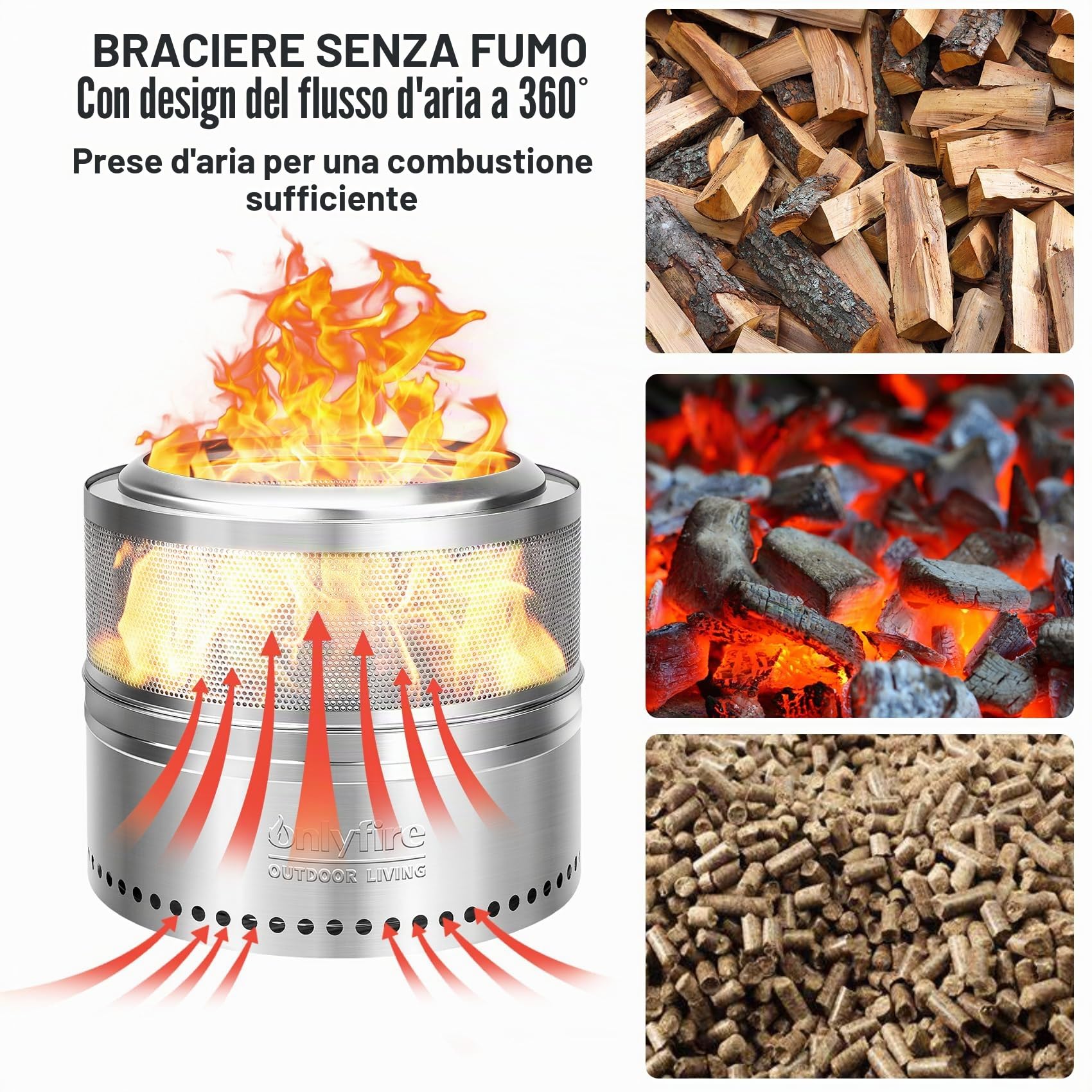 Onlyfire Braciere Senza Fumo Acciaio Inox Ø 50 cm Portatile per Falò All'aperto