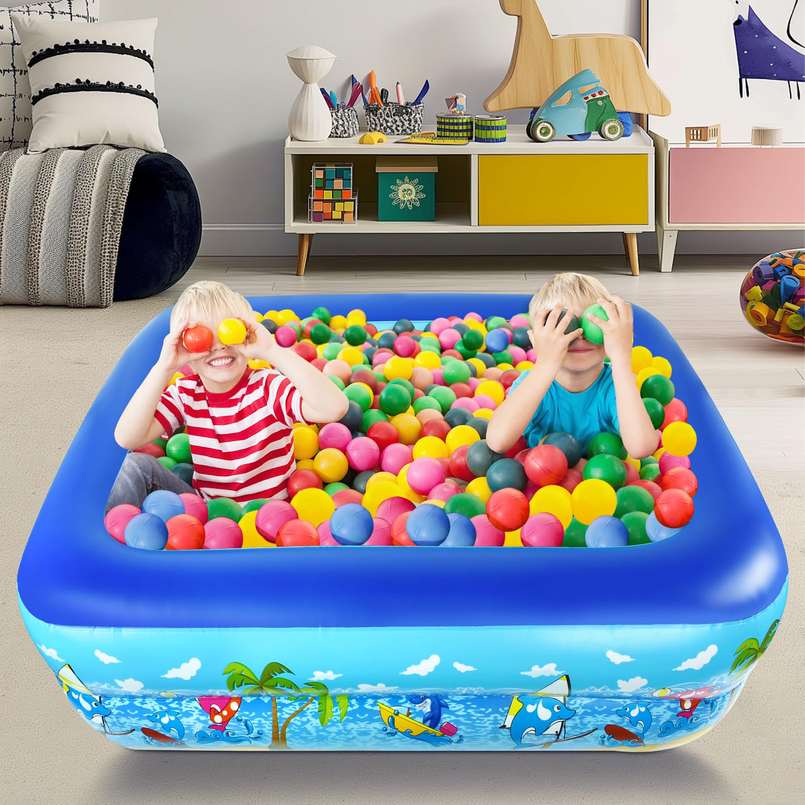 Planschbecken Rechteckig 120 x 87 x 35 cm Aufblasbares Planschbecken für Kinder Plantschbecken Verdickter 2 Ringe Mini Pool Kinderplanschbecken Sommer Aufblaspool für Balkon Garten Rasen