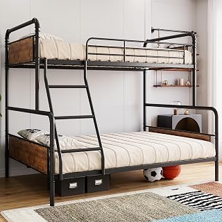 IDEALHOUSE Twin Over Full Metal Bunk Bed with 18.2" Guardrails, Convertible Ladder Design, Space-Saving Storage - Vintage Brown, No Box Spring