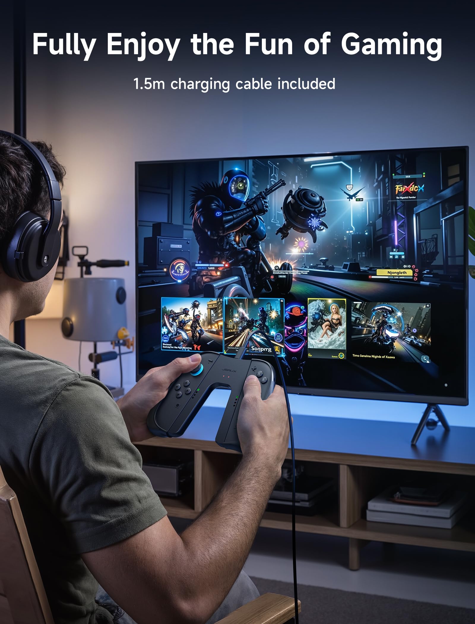 JSAUX Antypoślizgowy, ergonomiczny uchwyt ładujący do Switch 2, magnetyczny uchwyt kontrolera do JoyPadów Switch 2, możliwość grania podczas ładowania z diodą LED i kablem 1,5 m – czarny