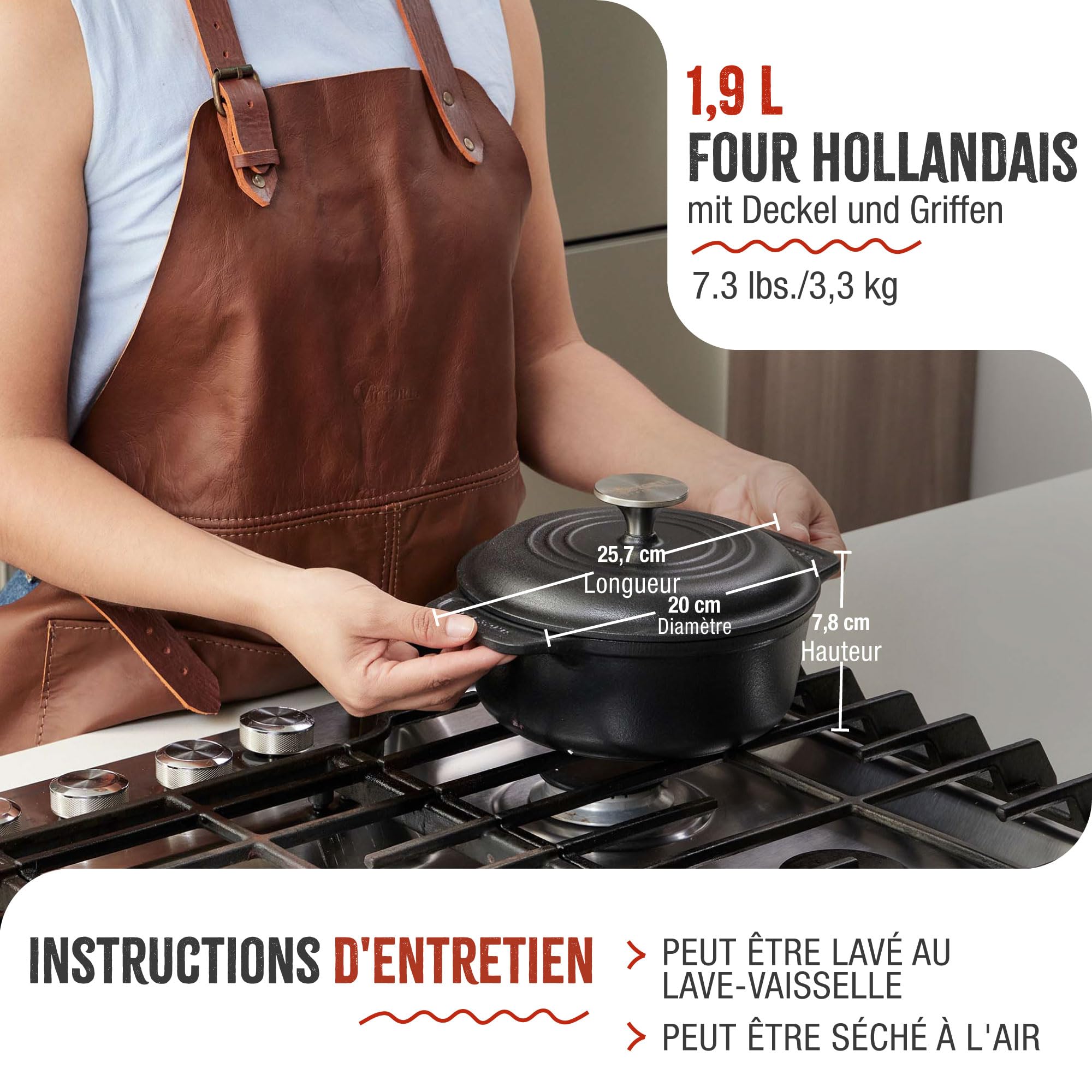 Victoria Cocotte Induction Fonte Émaillée 20cm, Dutch Oven 1,9L, Four Hollandais Sans PTFE et PFOA, Convient pour Feu, Barbecue, Four, Vitrocéramique, Gaz
