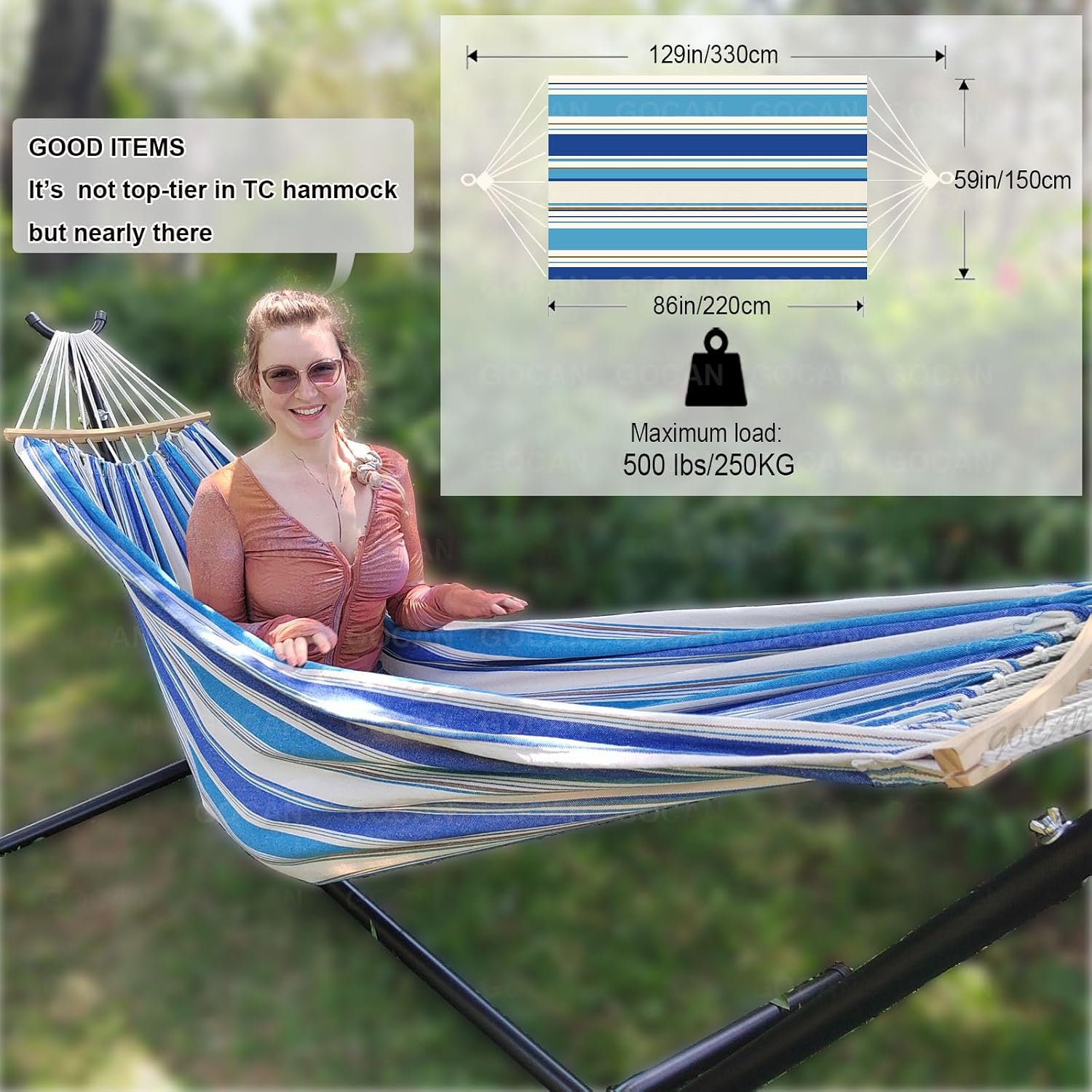GOCAN Double Hammock 2 Person Extra Large 330X150cm Load Capacity 600Pound Canvas Cotton Hammock for Patio Porch Garden Backyard Lounging Outdoor and Indoor XXL