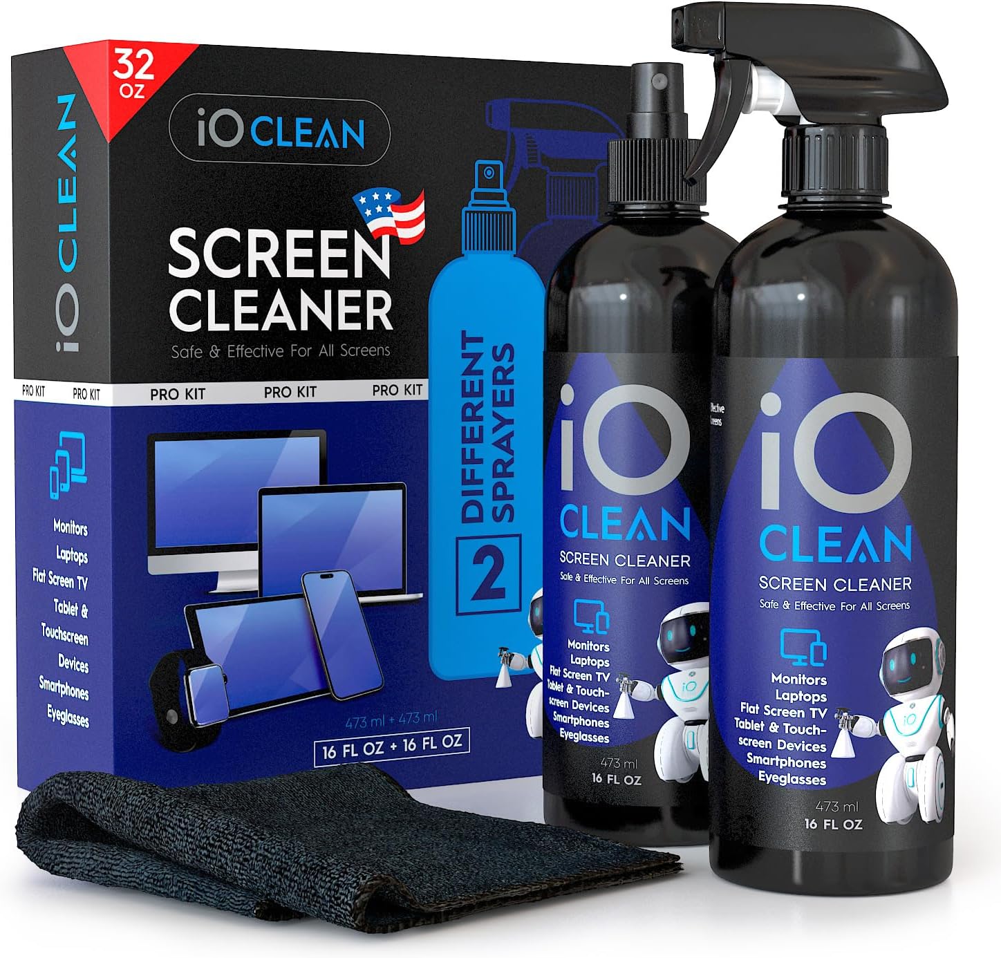 iO CLEAN Screen Cleaner Spray (16oz+16oz) – Large 32oz Kit for LCD LED Matte TVs, Smartphones, iPads, Laptops, Touchscreens, Computer Monitors, Other Electronics – 2 Microfiber Cloths and 4 Sprayers