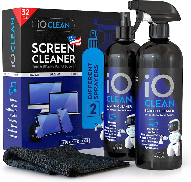 Spray limpiador de pantalla (16oz+16oz) - Kit de limpieza para TV LCD LED OLED | Smartphone, iPad, computadora portátil, pantalla táctil, monitor de computadora y otros dispositivos electrónicos: 2 paños de microfibra y 4 boquillas