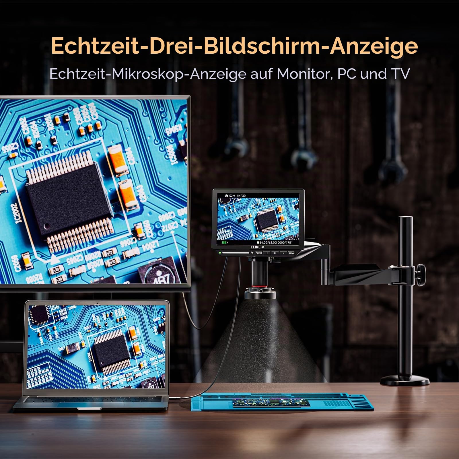 Elikliv EM4K Flex 4K Löt Digitalmikroskop 2000x, Flexibler Armständer, 10,1" HDMI Mikroskop mit Ringlicht, 52MP Ganzmünzenmikroskop, LCD Mikroskop für Erwachsene, Elektronikreparaturmatte, 16G