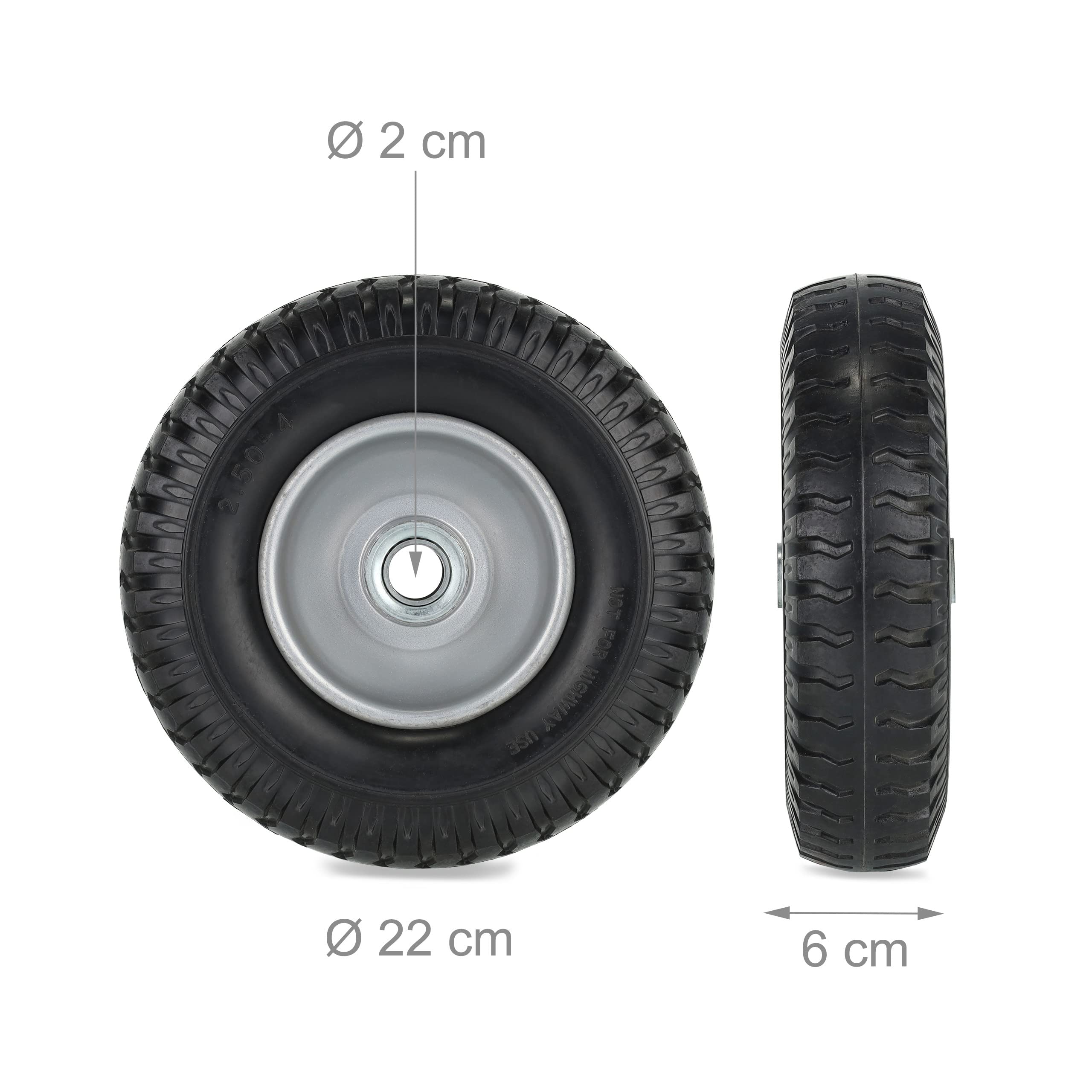 Relaxdays Set da 2 Ruote Carriole, 2.50-4, in Gomma Piena con Cerchione in Acciaio, Ruotino Regge 80 kg, Nero Grigio