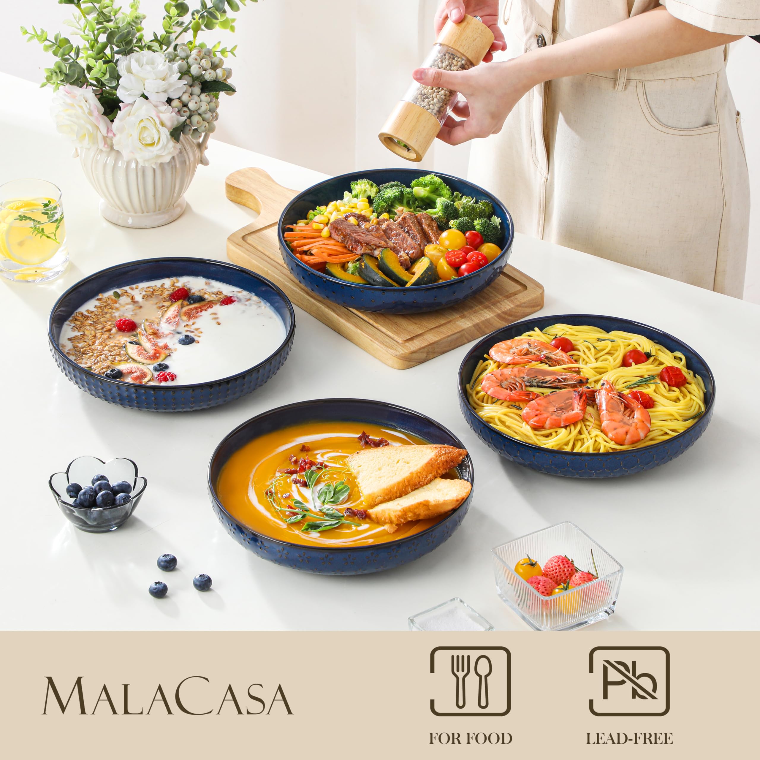 MALACASA LYDIA talerze do zupy, zestaw 4 sztuk, duże miski do zupy, 1570 ml, miski na makaron, Ø 24,1 cm szerokości i płaskie talerze głębokie do spaghetti, miski na makaron, duże miski do sałatek