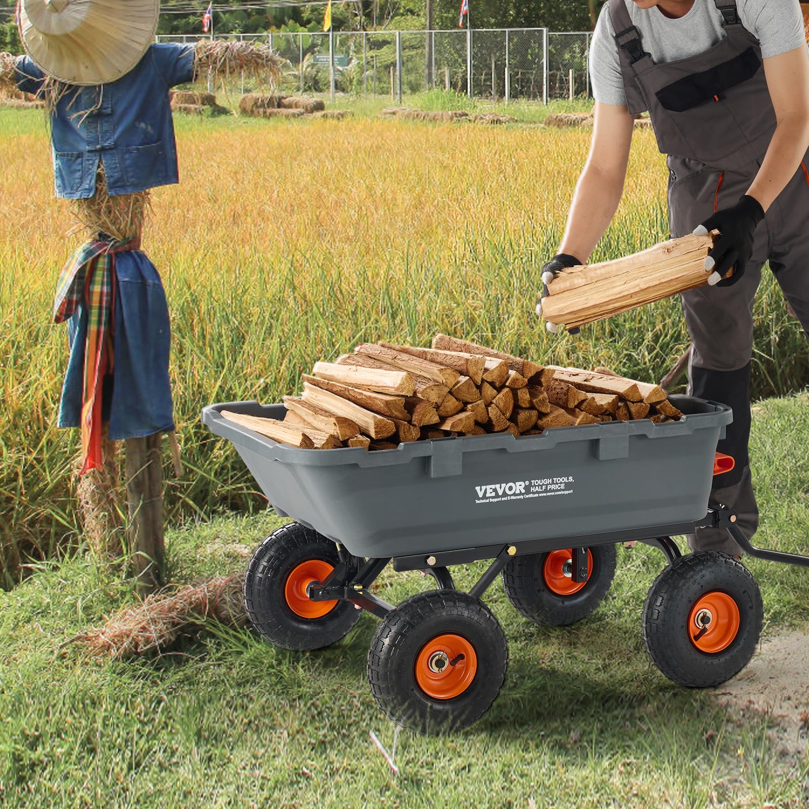 VEVOR Gartenwagen, Gartenkarre mit leicht zu montierendem Stahlrahmen, Kippbarer Transportwagen mit umwandelbarem 2-in-1-Griff, Mehrzweck-Schubkarre mit 360 kg Tragfähigkeit, 255 mm Reifen