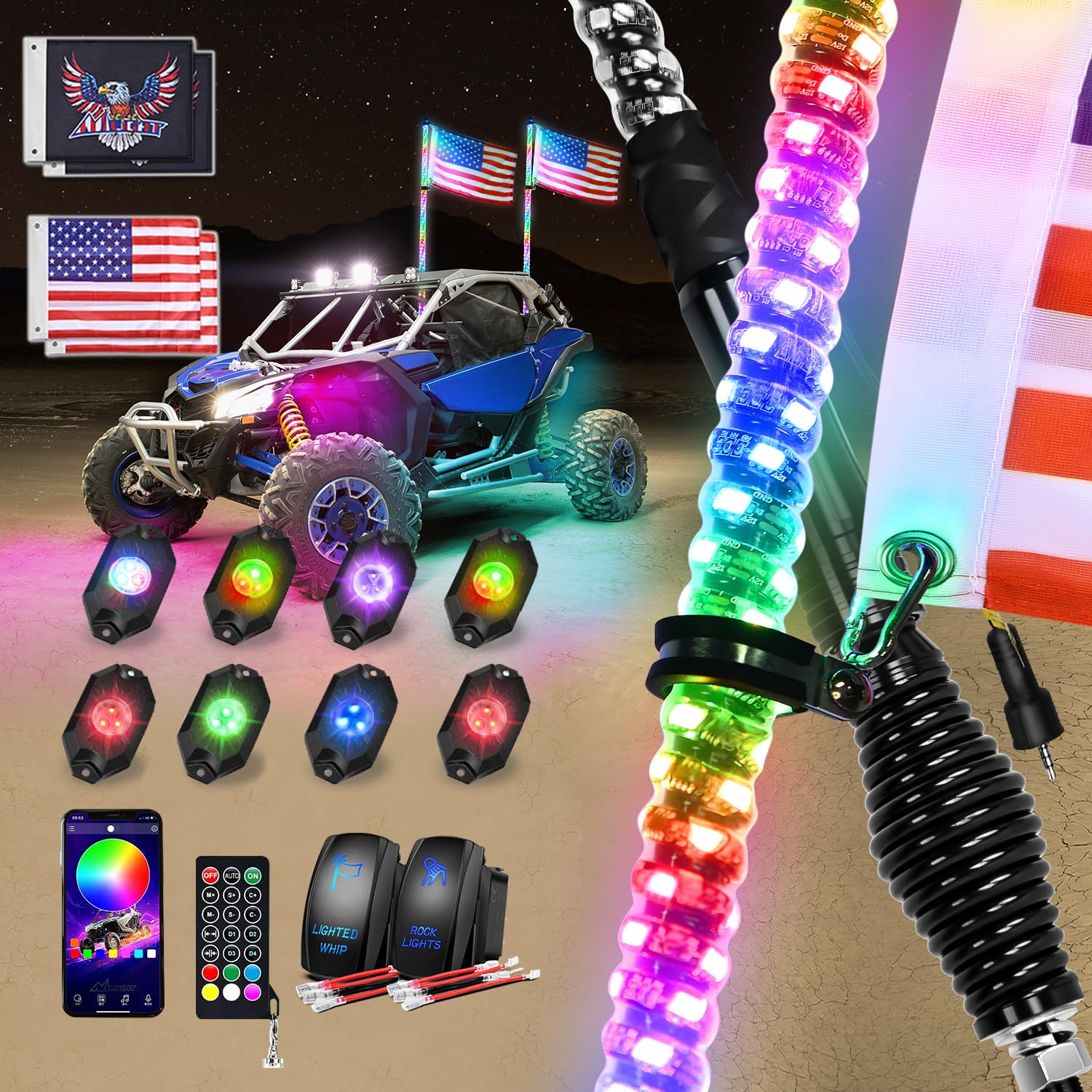 Nilight RGB LED Whip Light 2PCS 3FT with 8 Rock Lights Combo