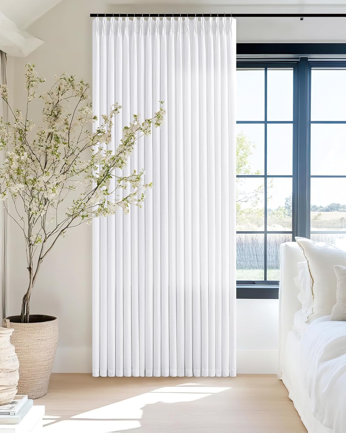 White Pinch Pleated Linen 90 Inch Curtains 70 Inch Width for Living Room Divider Light Filtering Semi Sheer Extra Wide Patio Curtains for Sliding Door Balcony Floor to Ceiling Picture Window 70x90