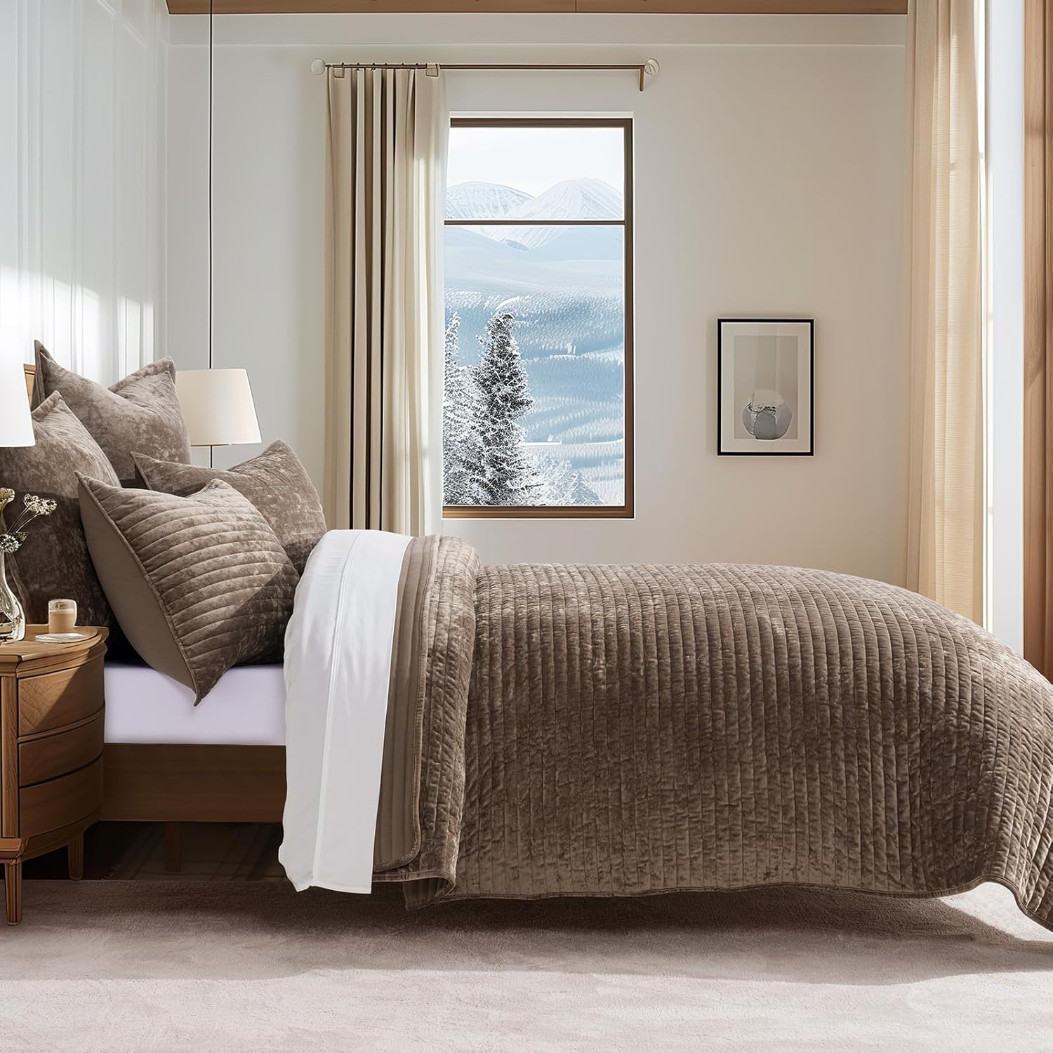 EVERGRACE Velvet Quilt Set Queen Size, Luxurious Soft Striped Channel Bedding Set, Lightweight Velvet Comforter for All Season, Oversized Bedspread Coverlet with 2 Matching Shams, Mocha Brown - Image 2