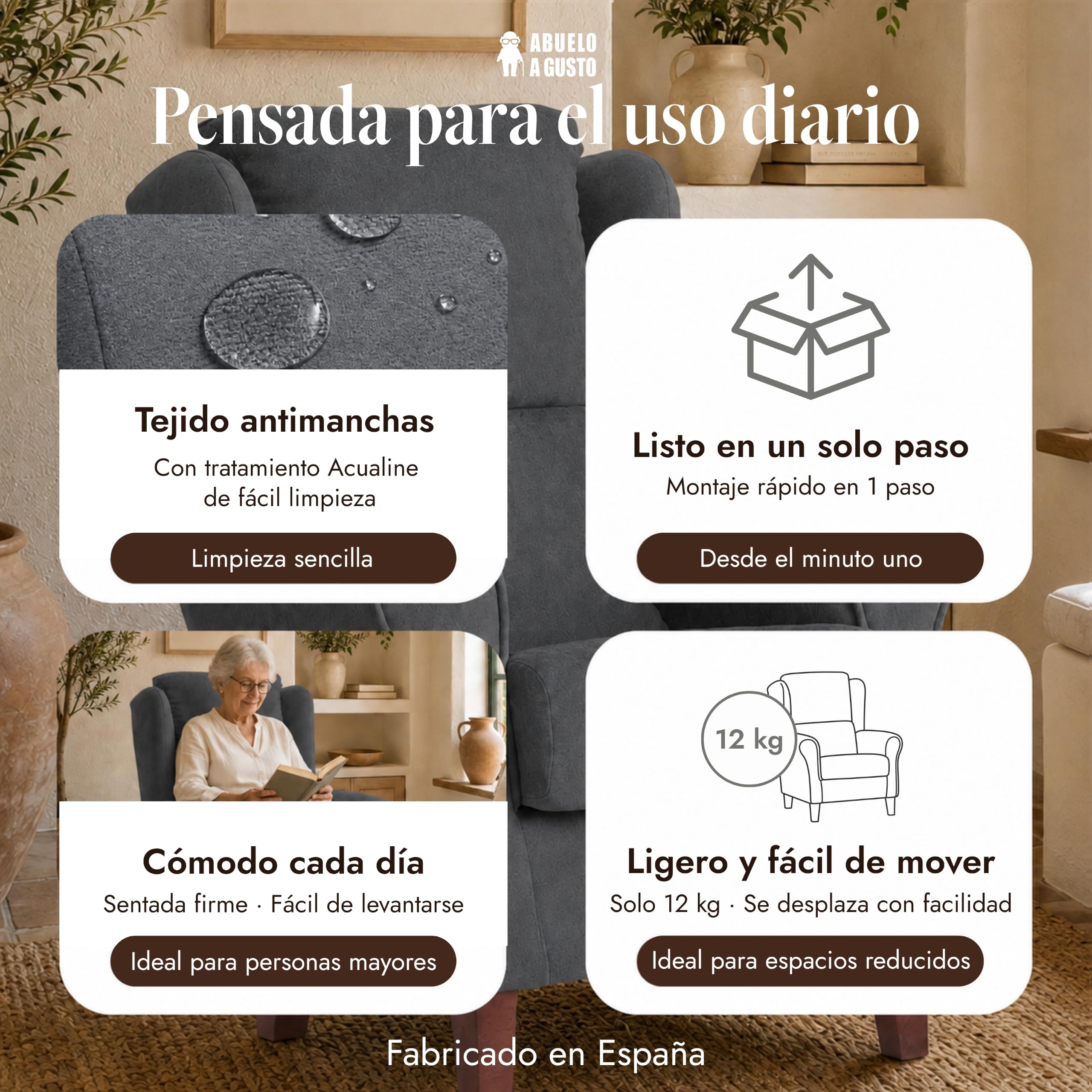 Sillón Orejero Venecia Acolchado para Personas Mayores - Marengo - Respaldo Ergonómico, Relleno Adaptable – Tela Antimanchas – Butaca Cómoda Salón, Dormitorio, Lectura