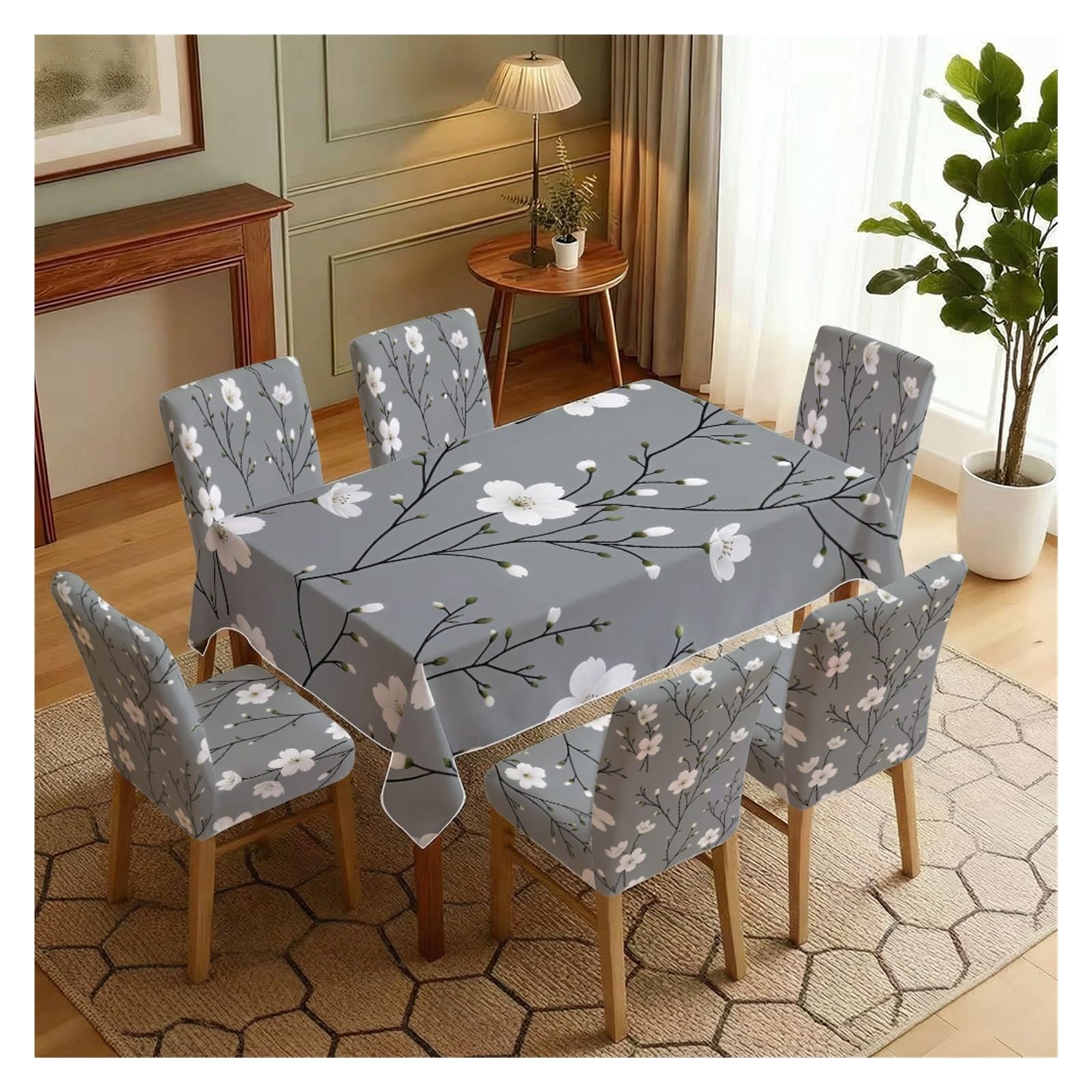 KXUAUV Grey & White Cherry Blossom Print Stretch Chair Covers & Tablecloth Set, For Dining Room Kitchen Spring Bridal Shower Decor, 5/7 Pack Party Decor(7pcs Set: Tablecloth+Chair Covers)