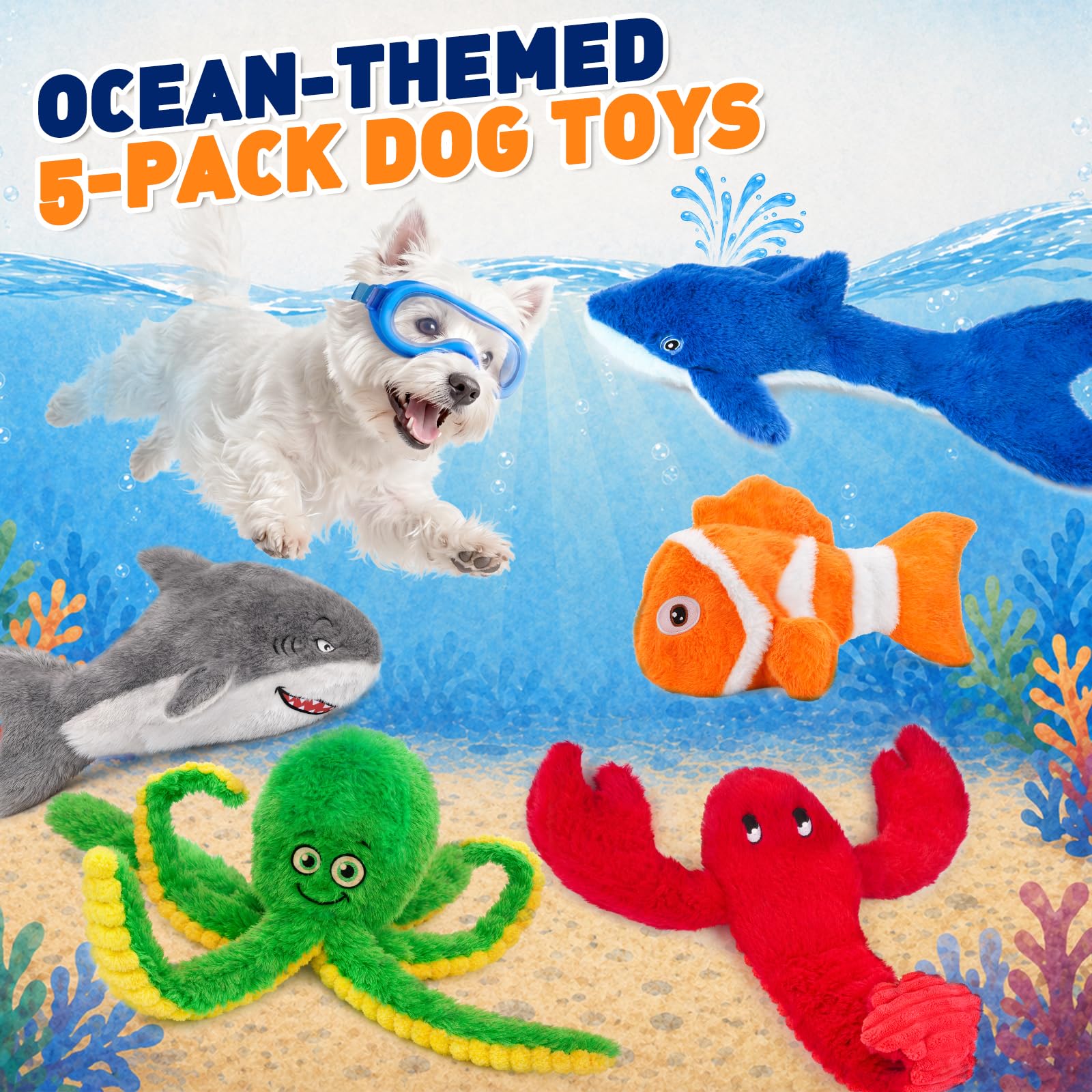 No Stuffing Squeaky Dog Toys - 5 Ocean Animal Set -2