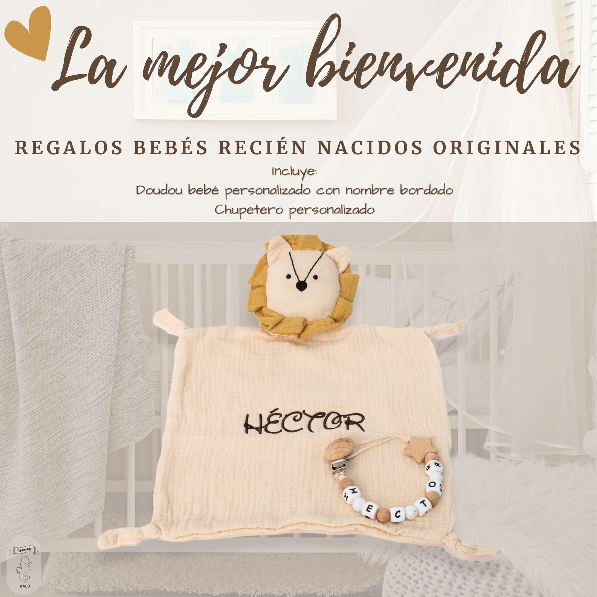 Doudou Bebé Personalizado con Nombre Bordado + Chupetero Madera | Algodón Orgánico 26x26 cm | Apto para Recién Nacidos, Hipoalergénico y Lavable | Regalo Bebé Personalizado Ideal (LEÓN)
