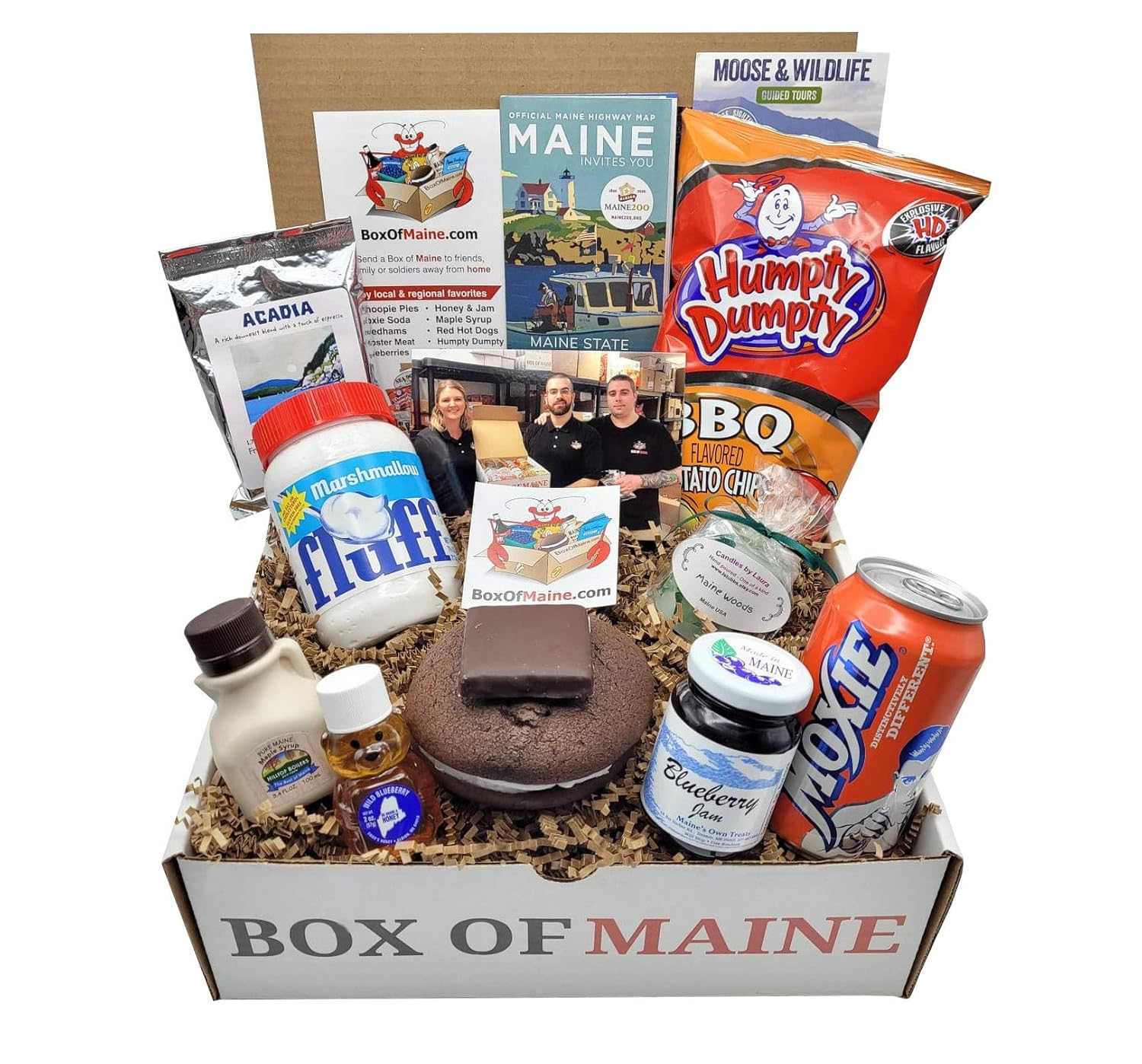 10-Item Gift Pack - Whoopie Pie, Fluff, Moxie Soda, Maine Maple Syrup,Blueberry Honey, Humpty Dumpty BBQ Chips, Needhams Chocolate, Coffee, Maine Blueberry Jam, Maine Woods Candle L