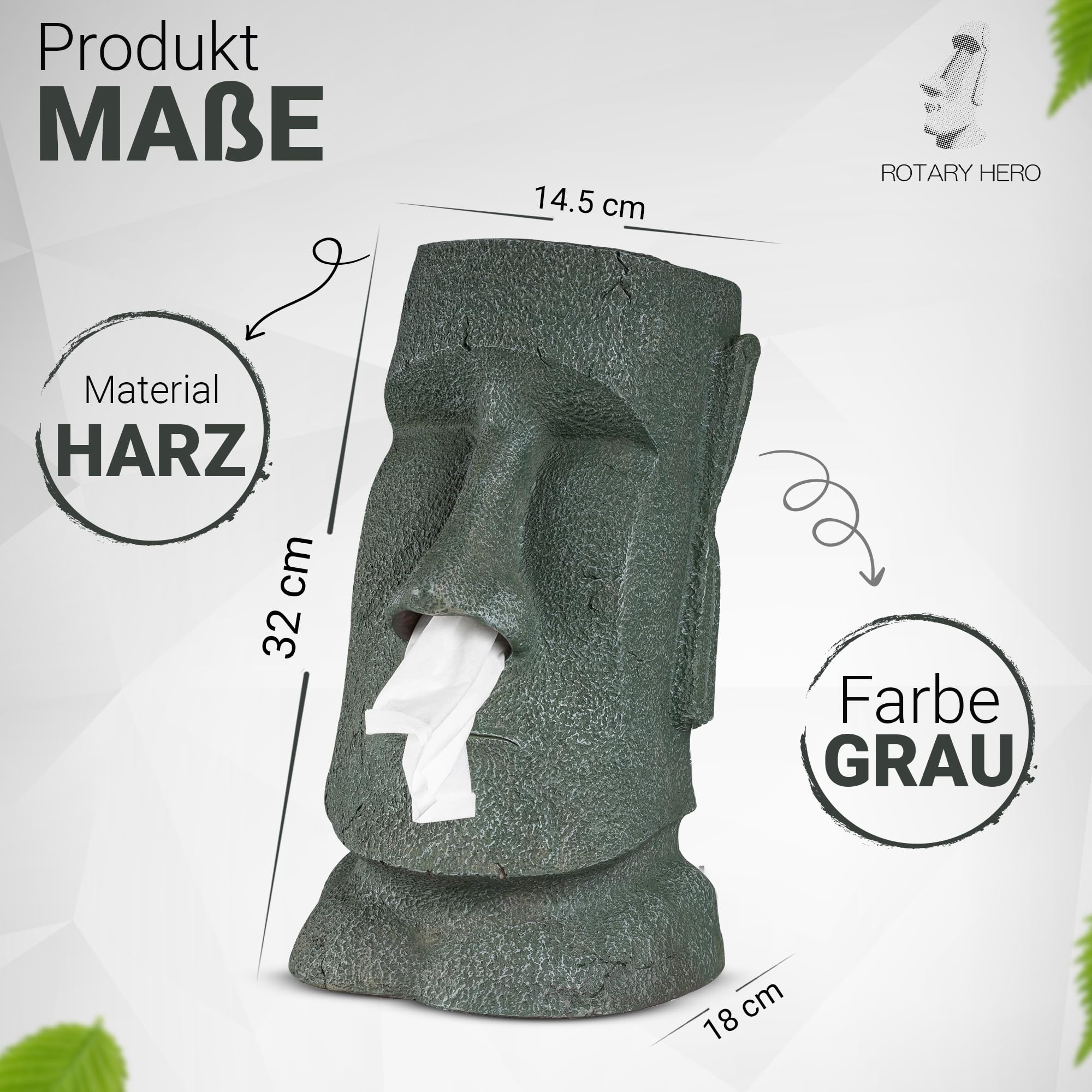 Rotary Hero Moai-Taschentuchspender - Servietten-Taschentuchbox mit Moai-Figur - Dekorativer Taschentuchhalter für Küche, Bad und Schlafzimmer - 18 x 14,5 x 32 cm