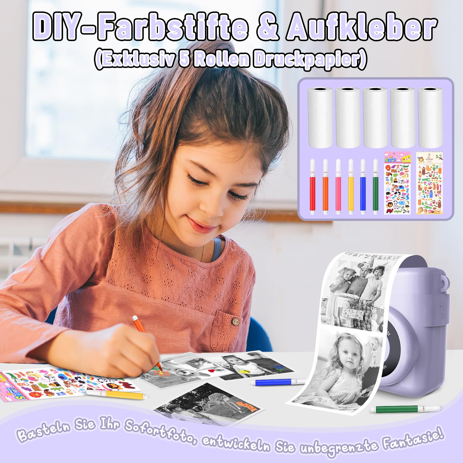 MILFECH Kinderkamera Sofortbildkamera, 1080P 2,4 Zoll Bildschirm DigitalKamera Kinder mit 5 Rollen Druckpapier,32GB Karte, Fotokamera mit 6 Farbigen Stiften,2 Aufkleber Geschenk für Kinder (Lila)