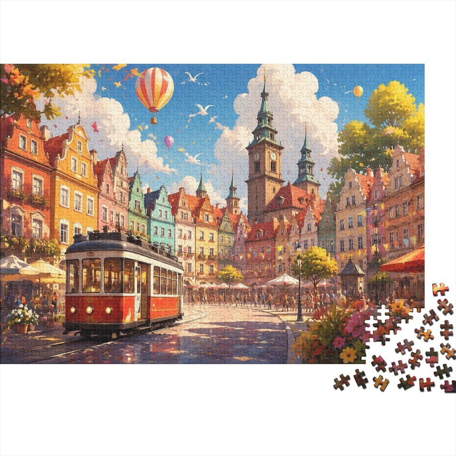 1000 Piece Hard Puzzle, Tram Building Street Difficult Game For Adults