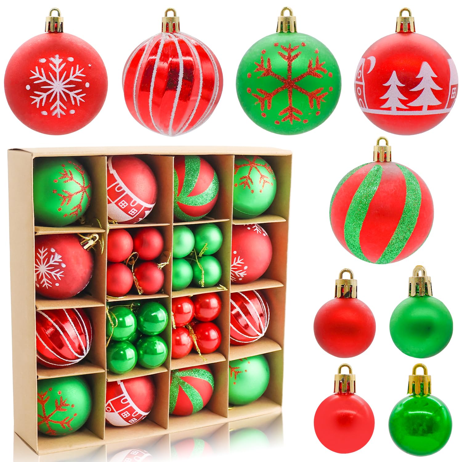 44PCS Christmas Baubles for Christmas Tree Decorations, Xmas Ornaments Set Hanging Balls for Tree Home Party Decorations, Green Red