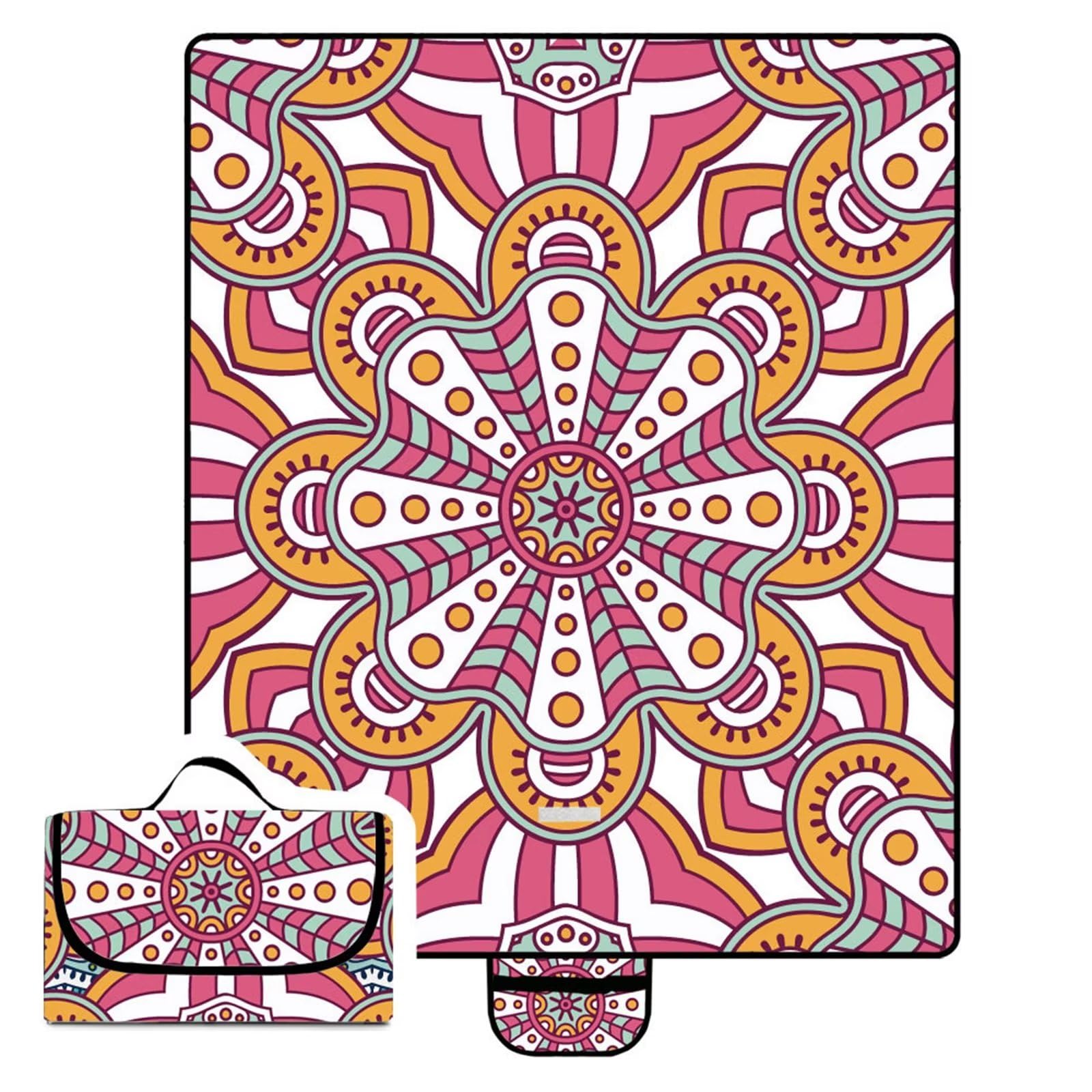 Couverture Pique-nique Imperméable 180x200cm,Couverture Plage Extérieure XXL Tapis de Plage,Mandala rose jaune Camping Couverture étanche Pique-nique avec Poignée pour Camping Randonnée Parc Plage