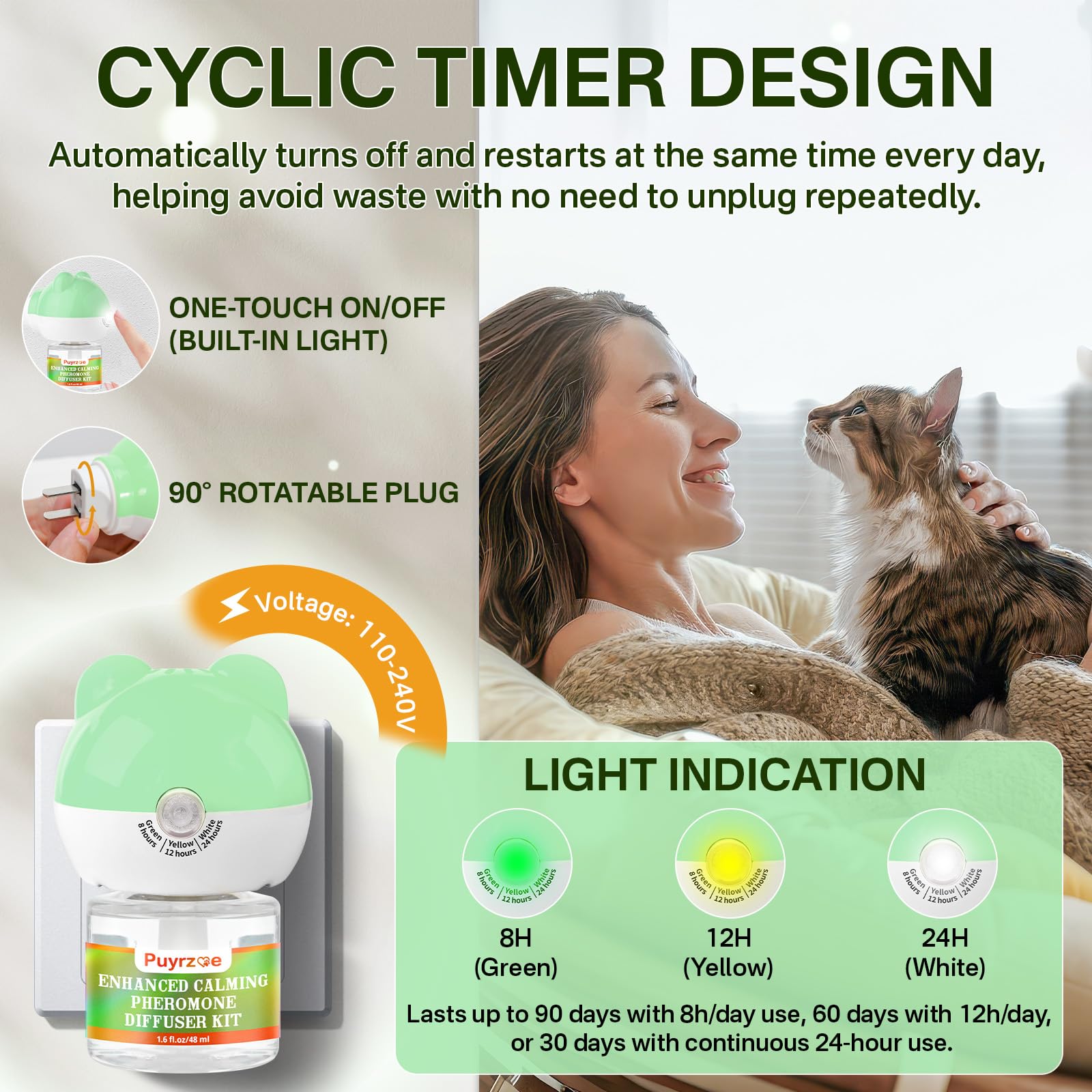 Cat Calming Diffuser with Timing Function, 3-in-1 Cat Pheromones Calming Diffuser Kit, 60-Day Anxiety Relief, Stress Relaxation Cat Pheromone Diffuser for All Cats (1 Diffuser + 2 Refills) - image 2