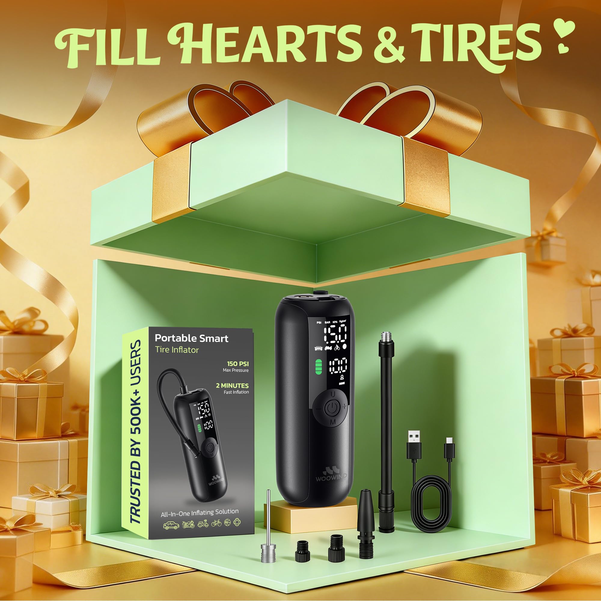 Woowind Portable Tire Inflator for Car, Bike Pump, Portable Air Compressor, 1 Minute Inflation, 150PSI Air Pump for Car Tires, Bikes, Motorcycles, Balls - with Digital Pressure Gauge